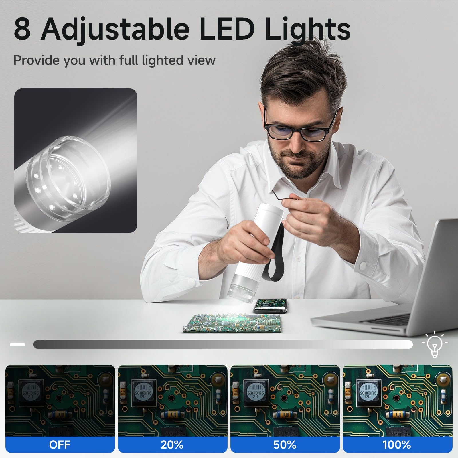 BEAVERLAB Microscopio 1000X HD Video/Foto Monedas Microscopio Portátil de Mano Digital WiFi USB Microscopio para Niños, Mini Cámara 8 Luces LED Ajustables Compatible con iPhone, Android, iPad