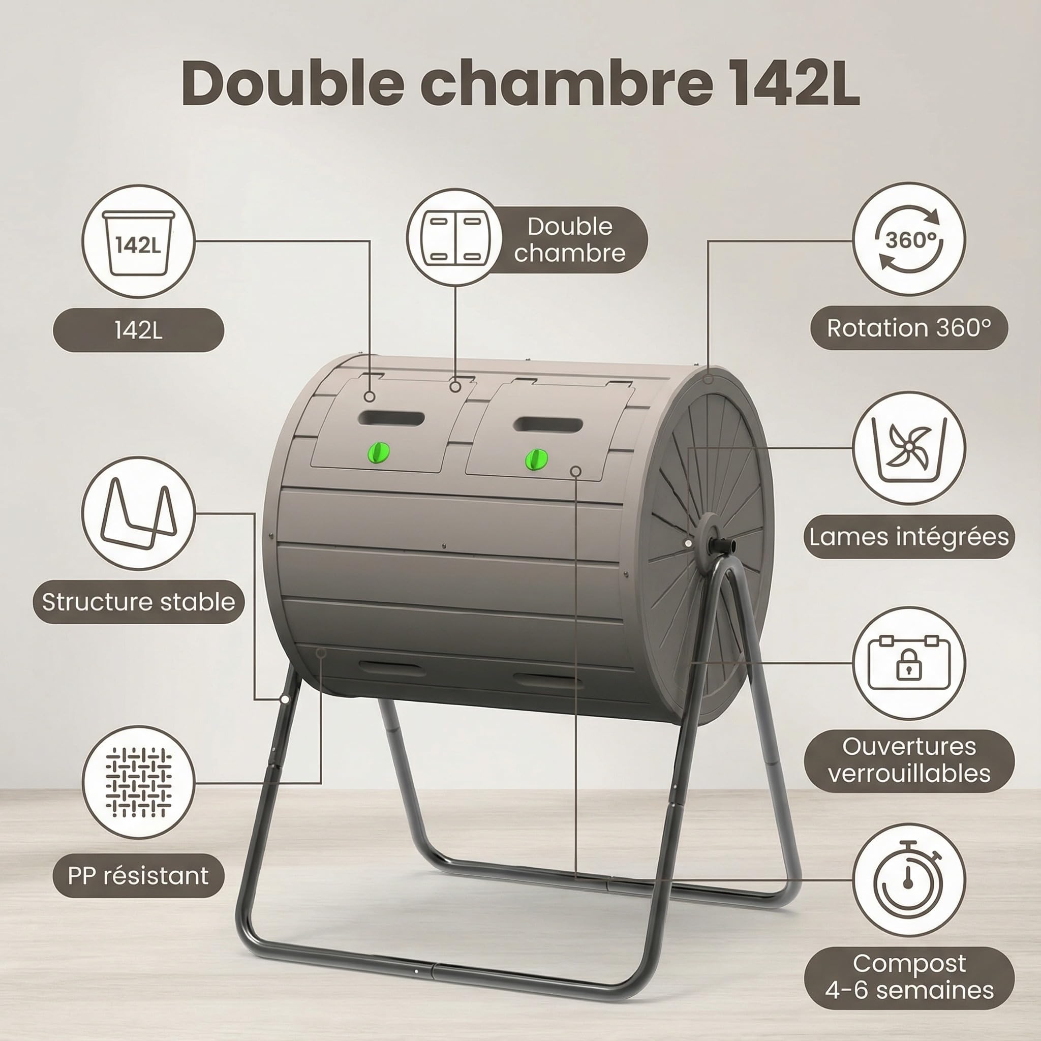 GOPLUS Composteur de Jardin Rotatif à 360° Exterieur, Bac à Compost en PP à Double Chambre 142L, 2 Portes Verrouillables et Support Métallique, 2 Pales Mélangeuses pour Compostage Rapide, Terrasse