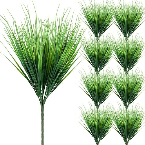 Zonlong Artificial Plants Grass, 9 Bundles Fake Plastic Greenery Shrubs Grass, UV Resistant Plants Spring Grass, for Outdoor Verandah Outside Home Garden