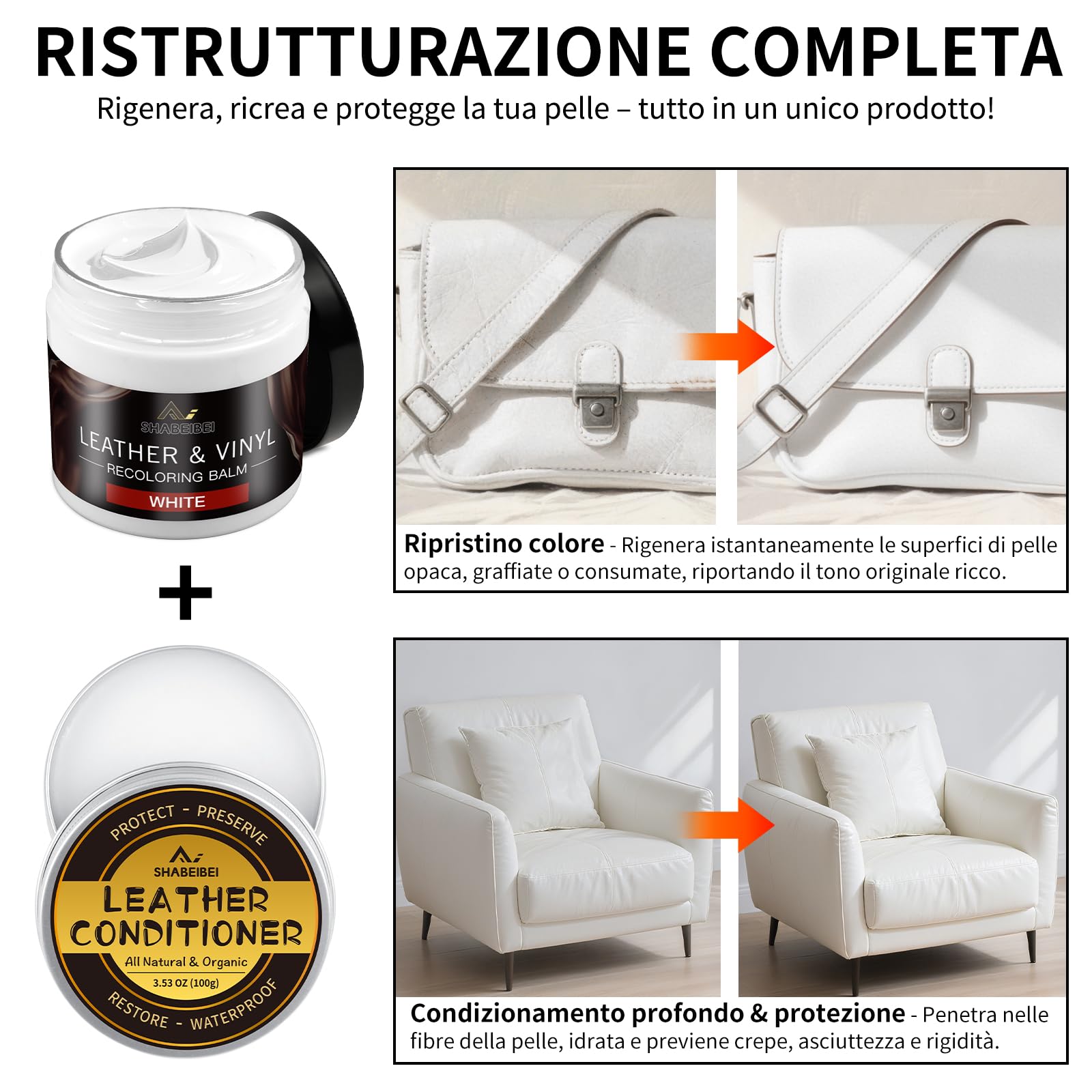 Set Riparazione Pelle Bianca con 200ml di Tinta per Pelle & 100ml di Olio Nutriente – Cuir Liquido, Grasso per Pelle & Rimuovi Graffi – Riparazione per Pelle e Vinile su Divani, Mobili, Sedili Auto