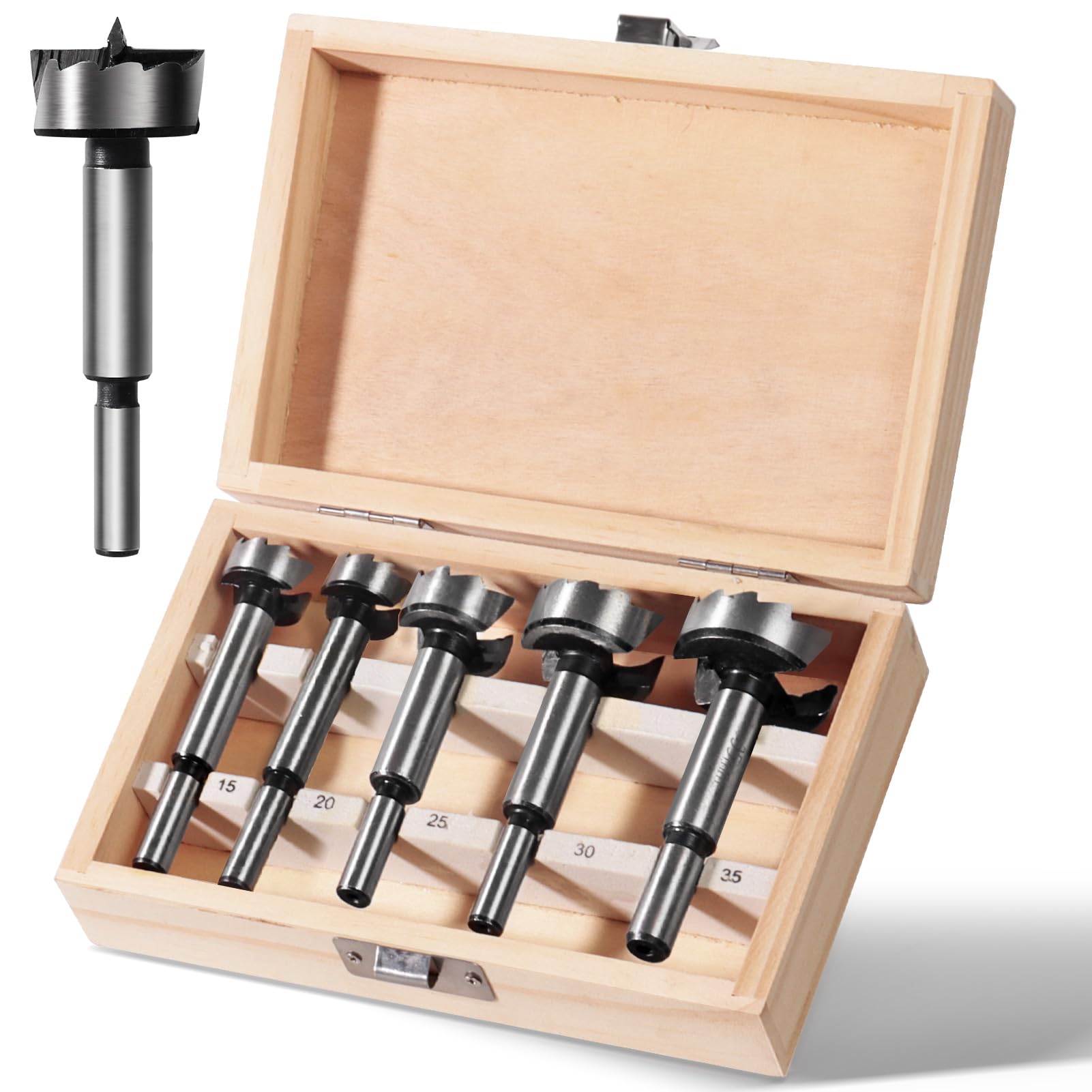 GPtzlei Forstner Bit Set 5pcs 15 20 25 30 35mm, HSS Drill Bits for Door Hinge Installation & Woodworking