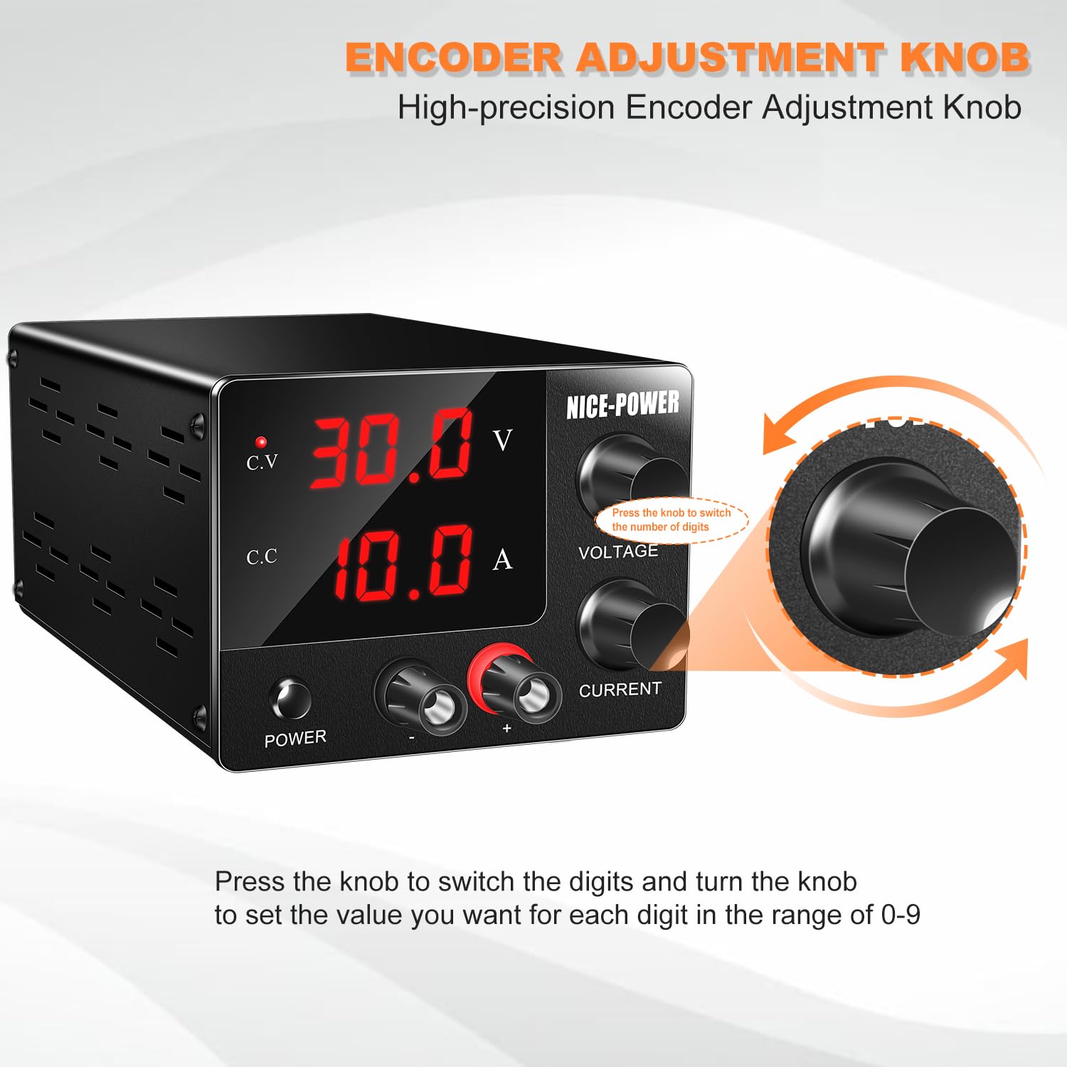 NICE-POWER Fuente de alimentación CC variable de 0 ~ 30 V 0 ~ 10 A, visualización LED de 3 dígitos corriente y voltaje ajustable de 150 W fijo con codificador Fuente de alimentación de banco de CC 15