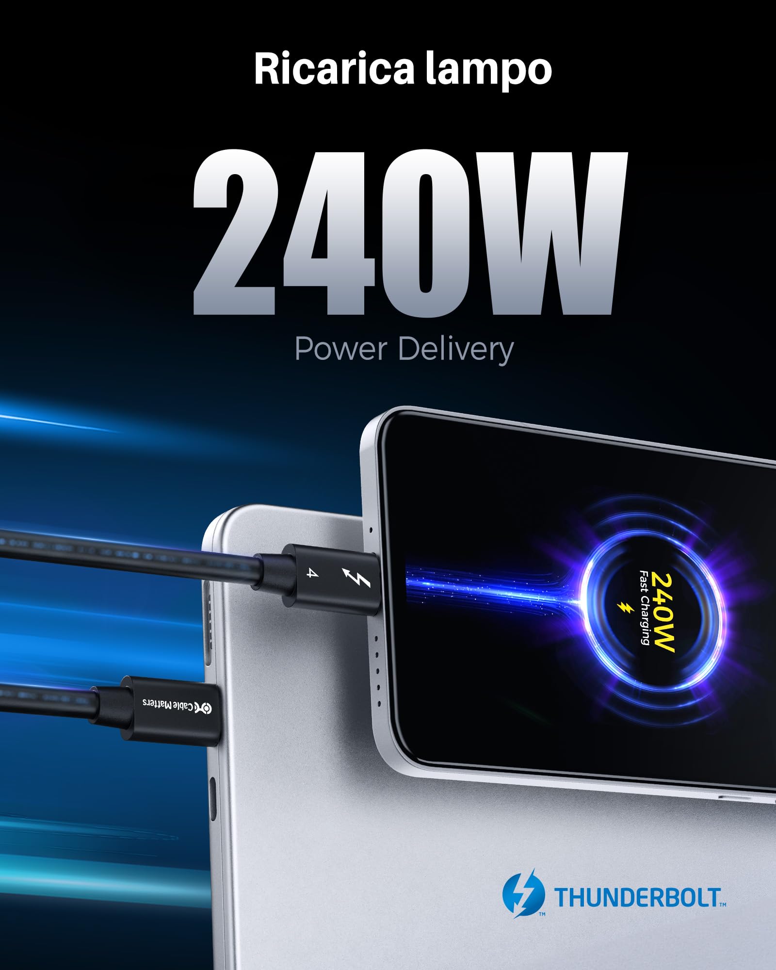 Cable Matters [Certificato Intel] Cavo Thunderbolt 4 da 40 Gbps con video 8K e ricarica da 240 W da 1 m - Retrocompatibile con Thunderbolt 3, USB4, USB-C