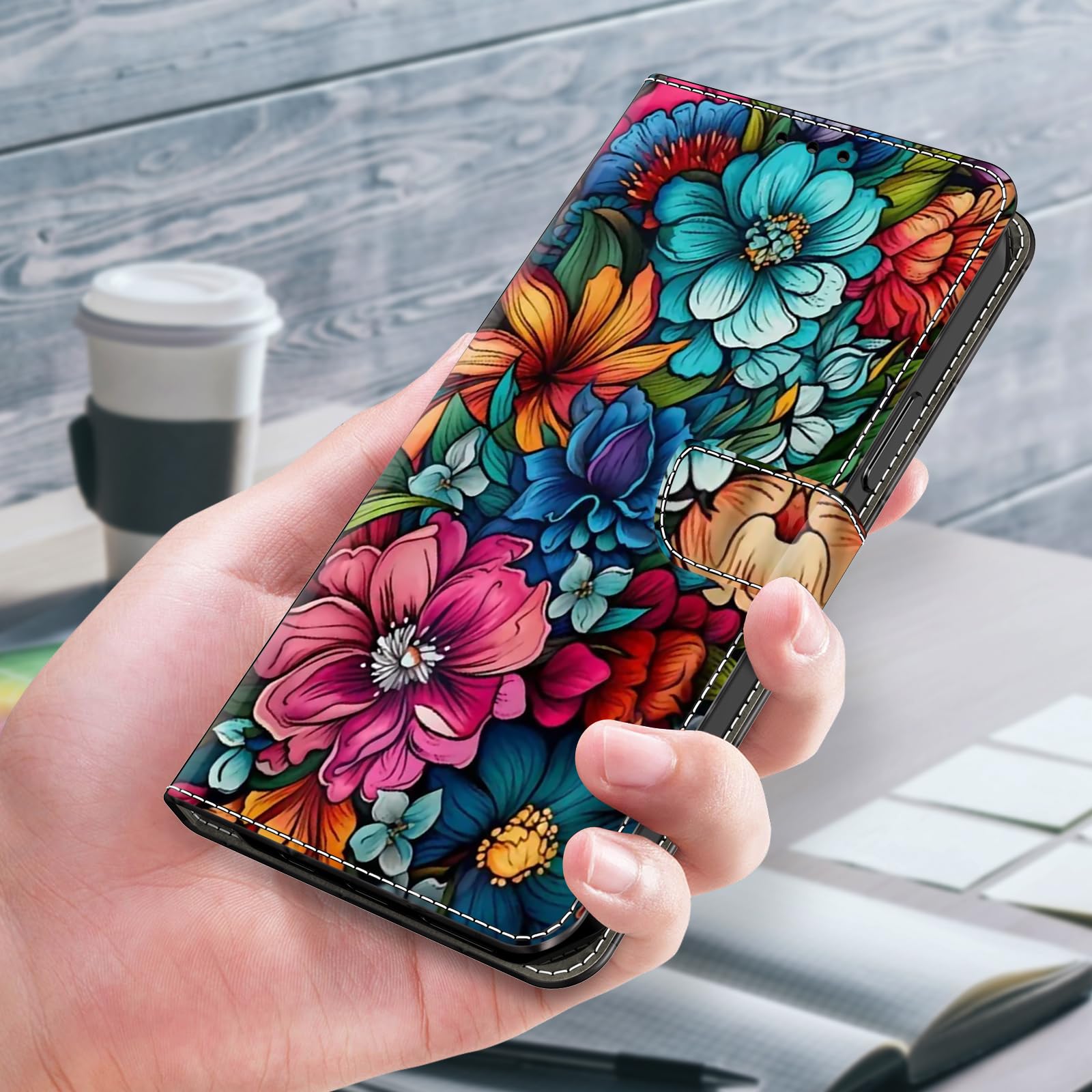 Unichthy Flip Case for iPhone SE 2022/8/7 - Gothic Flowers PU Leather Folio Shell with 2 Card Slots, Magnetic Stand, Shockproof - Image 3