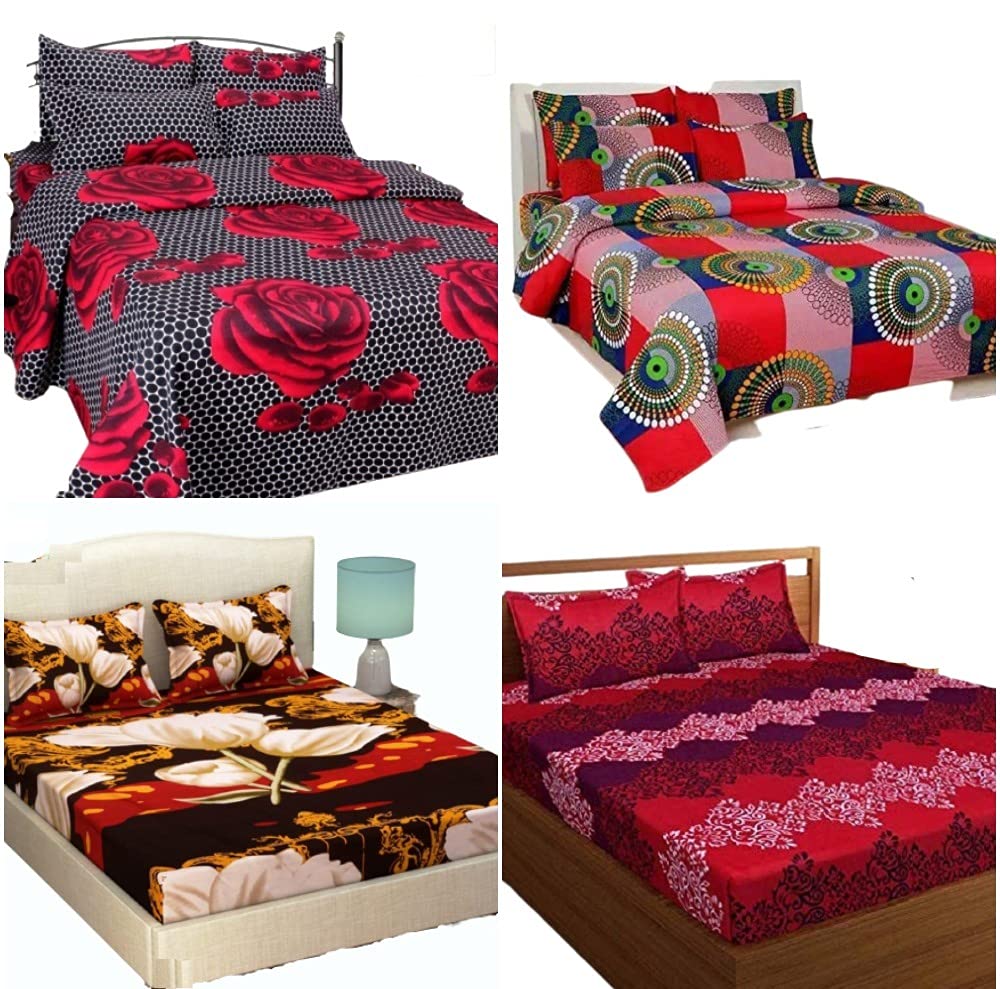 Delight Zone Prime Collection Polycotton 3D Double Bedsheets - 4 Bedsheets & 8 Pillow Covers (Check|Classy Red|Coca Cola with White Flower|Dotted Black with Red Flower)