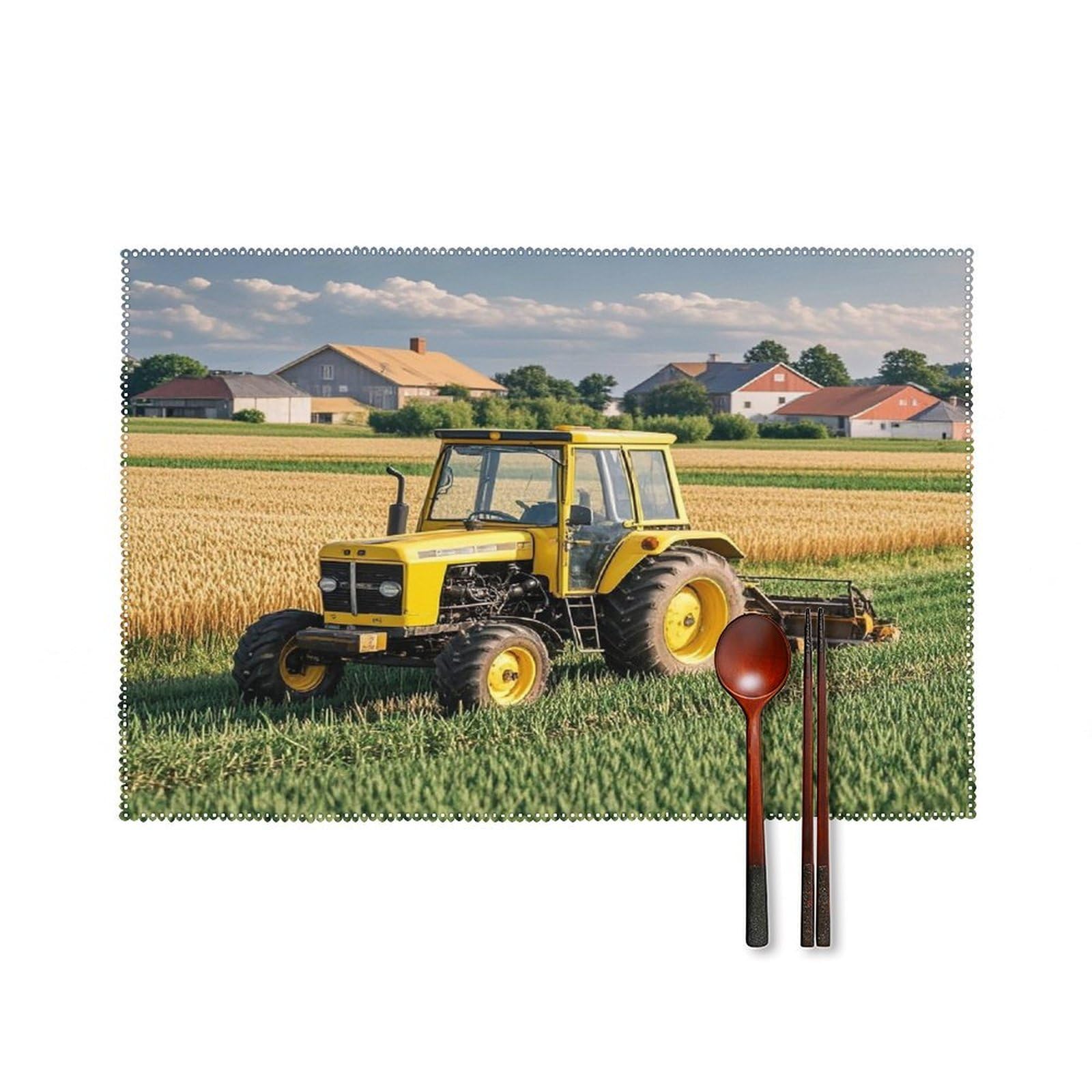 Tractor Farm Placemats Set of 6 Heat-Resistant Washable Place Mats Wipeable Kitchen Placemat Easy to Clean for Indoor Outdoor Party Kitchen Decoration