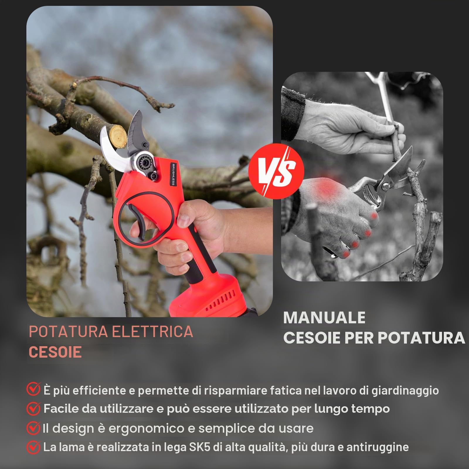 Forbici Potatura a Batteria 40 mm, Forbici Potatura Elettriche con 2x2000 mAh Batterie, Motore Brushless, Forbici Senza Fili per Giardino, Ulivi, Viti, Alberi da Frutto
