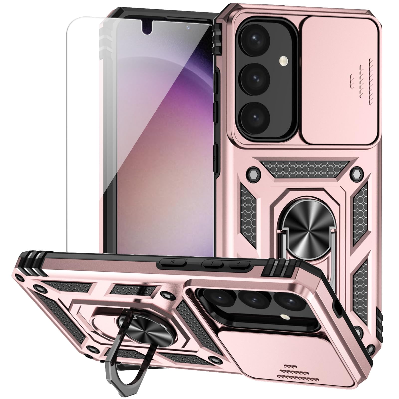 for Samsung Galaxy S24 Case with Camera Lens Cover HD Screen Protector, Dual Layer Military-Grade Drop Tested Magnetic Ring Holder Kickstand Protective Phone Case for Samsung Galaxy S24 (Rose Gold)