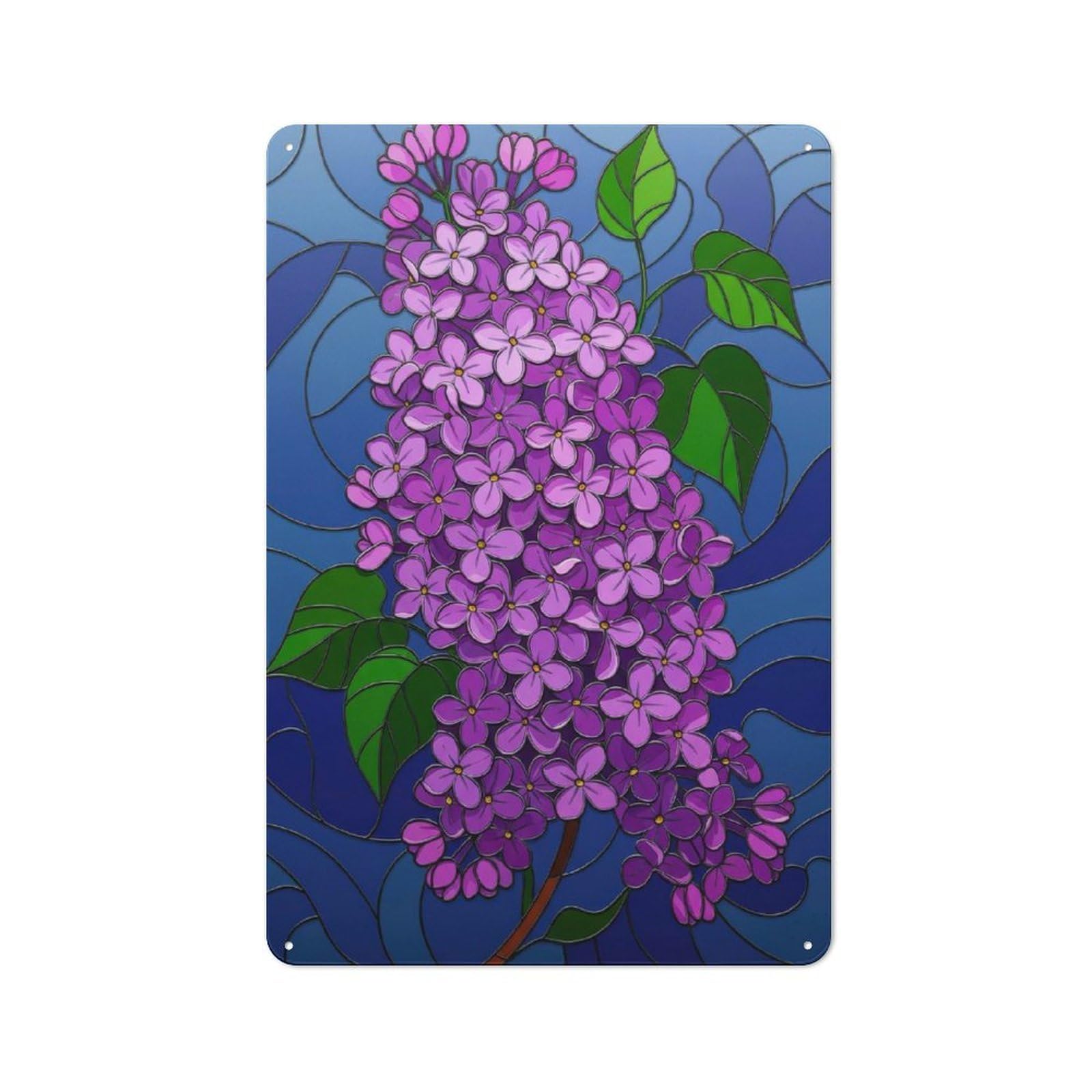 Junmoney Style-8 Old Style Lilac Blossom Stained Glass Illustration Metal Sign 30X20cm, Bar Wall Plaque For Diner, Restaurant, Shed Or Kitchen