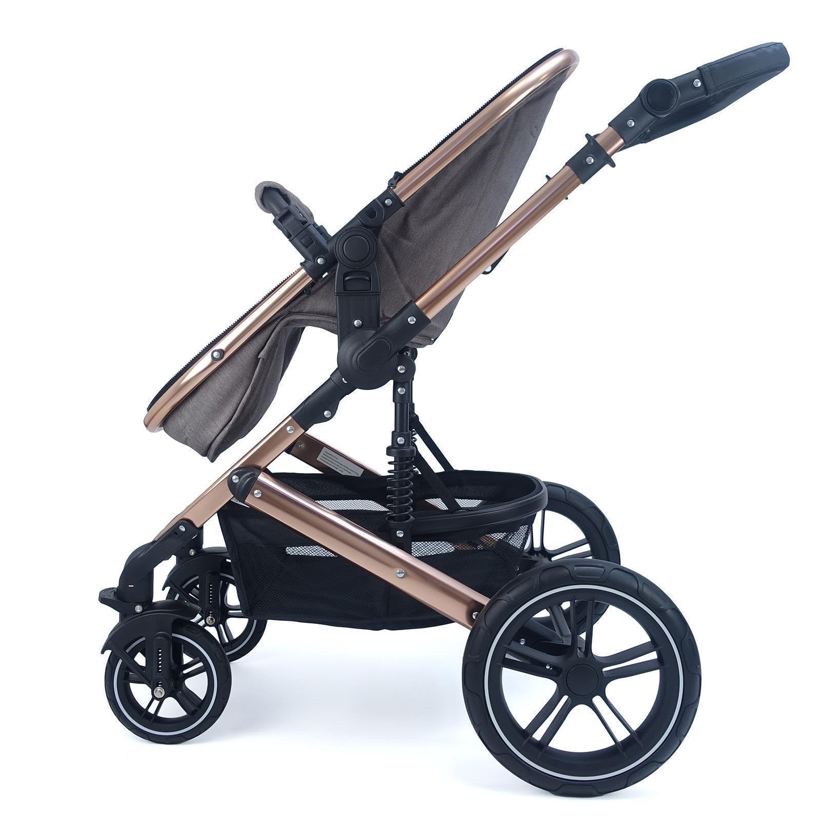 Pixini Neyla Kombi Kinderwagen mit Stoffwanne/Buggy/Wickeltasche/Getränkehalter/Regenplane/Mückennetz/Wickelauflage (gold/braun)