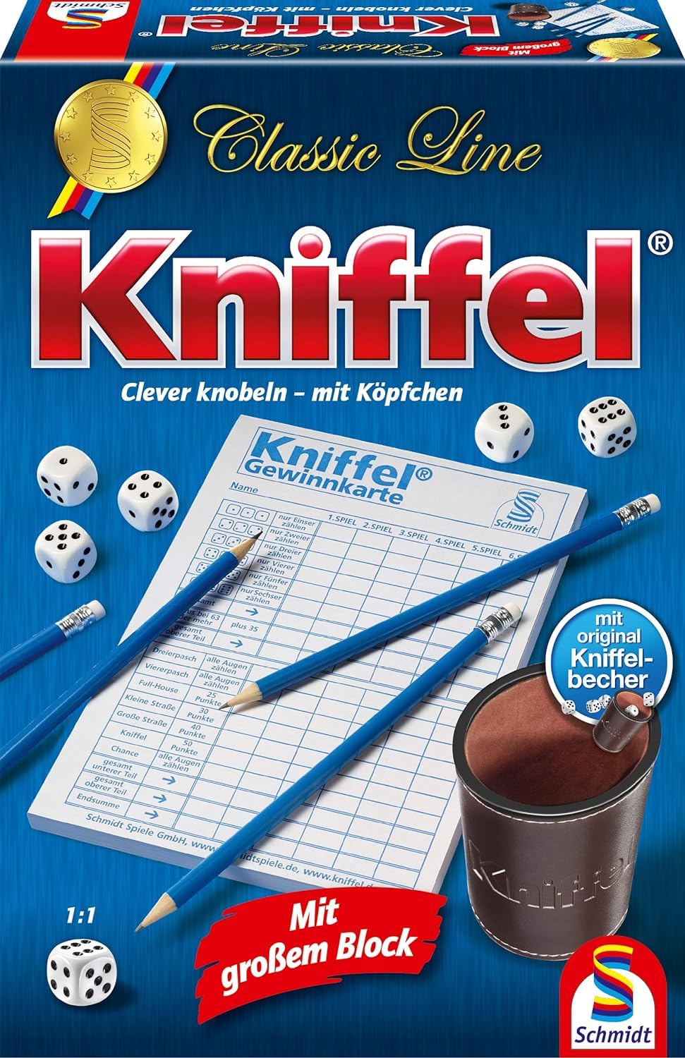 Schmidt Spiele 49197 Die große Spielesammlung Premium-Edition, in Einer Metallbox, Bunt & 49203 Kniffel, Classic Line, mit großem Block, mit original Kniffelbecher