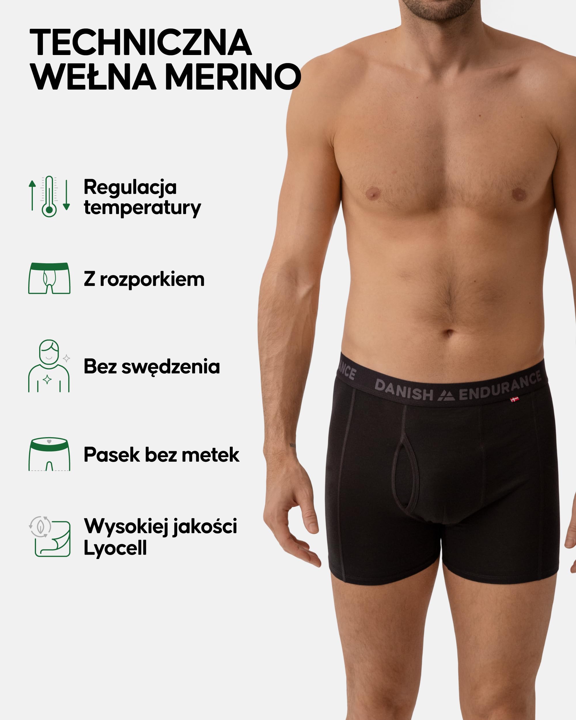 DANISH ENDURANCE Bokserki z Wełny Merino, z Rozporkiem lub Bez, Oddychająca Bielizna Męska, 2 Pak, Czarny, 2XL