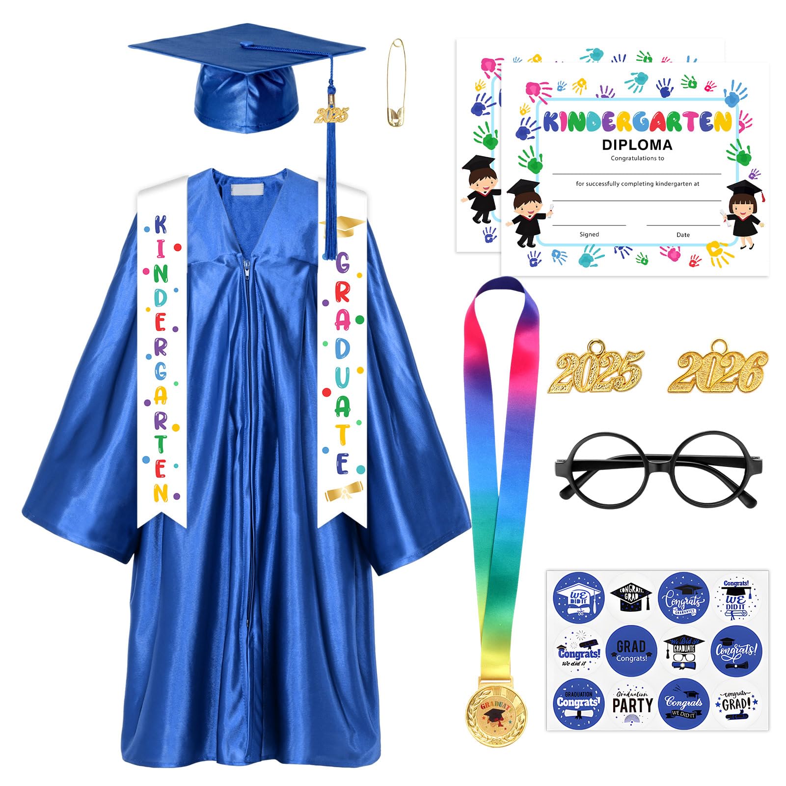 Suffolly Kindergarten Graduation Cap and Gown 2025 Kids Preschool Graduation Shiny Cap Gown Set with Tassel Stole Certificate