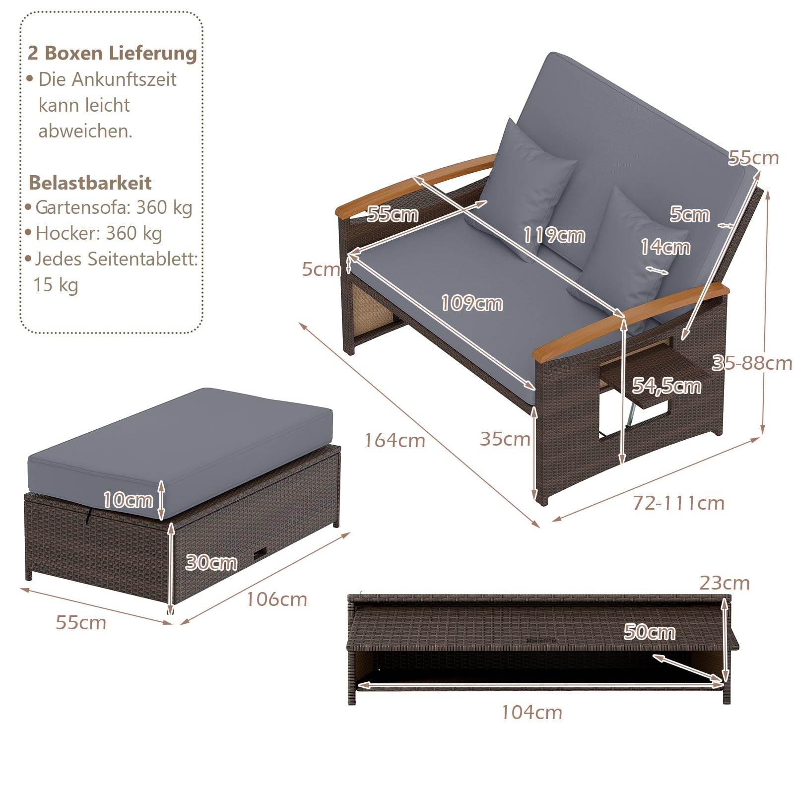 GIANTEX Lounge Möbel Outdoor, Gartensofa mit Liegefunktion, Outdoor Sofa | 3-in-1 Design, Stauraum, weichen kissen, Doppelliege Outdoor 2 Personen, Rattan Gartenliege, Gartenlounge, für Garten Balkon