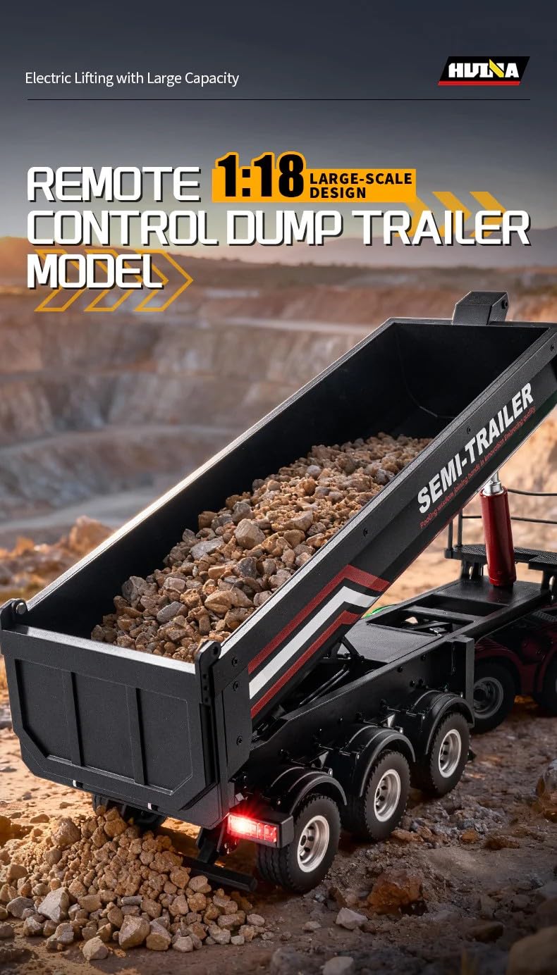 HUINA 1509 Semirimorchio Ribaltabile RC 1:18 con Cassone Elettrico Compatibile Huina 1501 Scania, Trailer Radiocomandato in ABS con Batteria Li-Po 7.4V