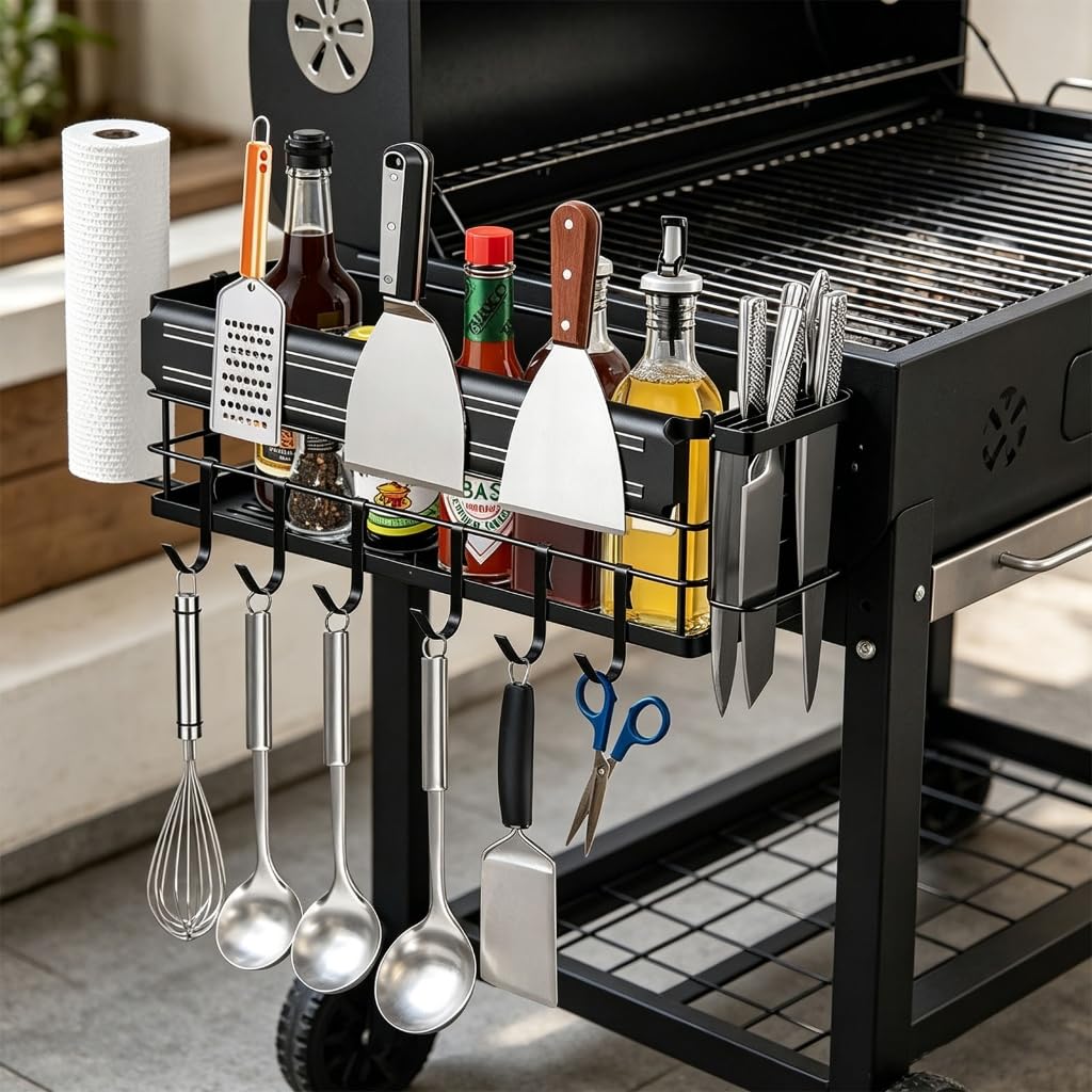 Pratico ripiano laterale per barbecue con 6 cerchi e attraente gruppo per utensili da cucina