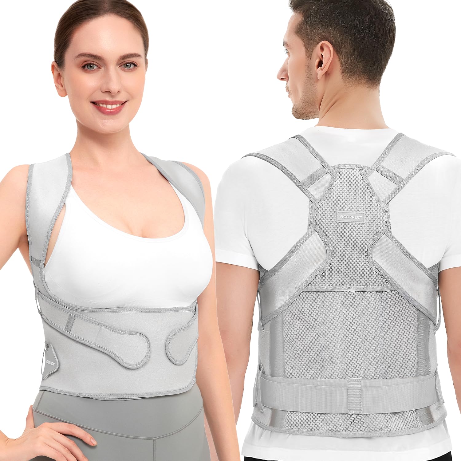 Vicorrect Posture Corrector for Women and Men: Back Support Brace Relieve Upper Back Shoulders Pain (Gray, Large)