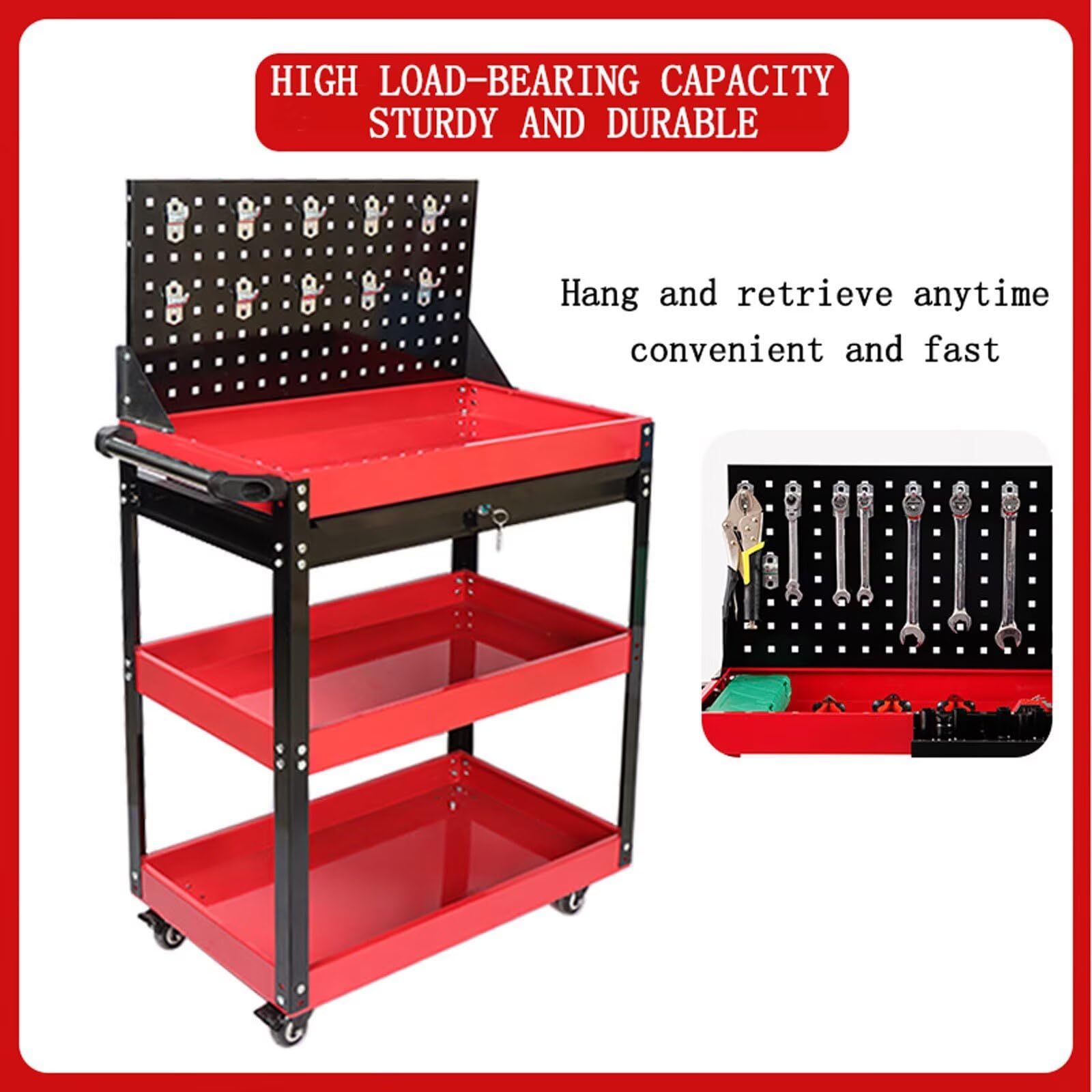 Carrello Portautensili Officina Carrello da Officina con 3 Ripiani Con cassetto e Pegboard Per Bagno Cucina Camera da letto Soggiorno(65x36x78cm) Rosso