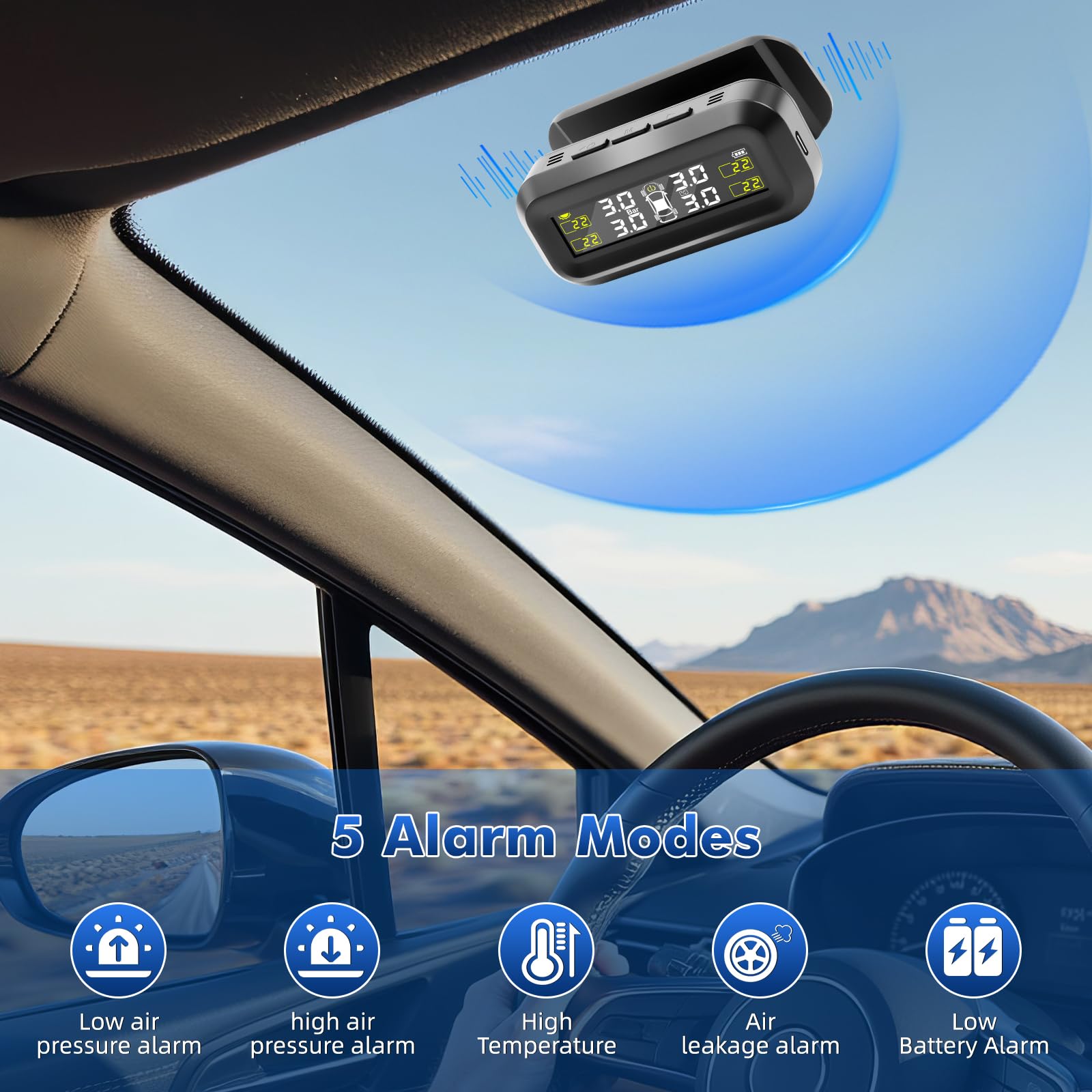 0-3.5Bar Sistema di Monitoraggio della Pressione dei Pneumatici TPMS Wireless Solar, con Ricarica USB, 4 Gomme Sensori Esterni 5 Modalità di Allarme per Auto Car SUV