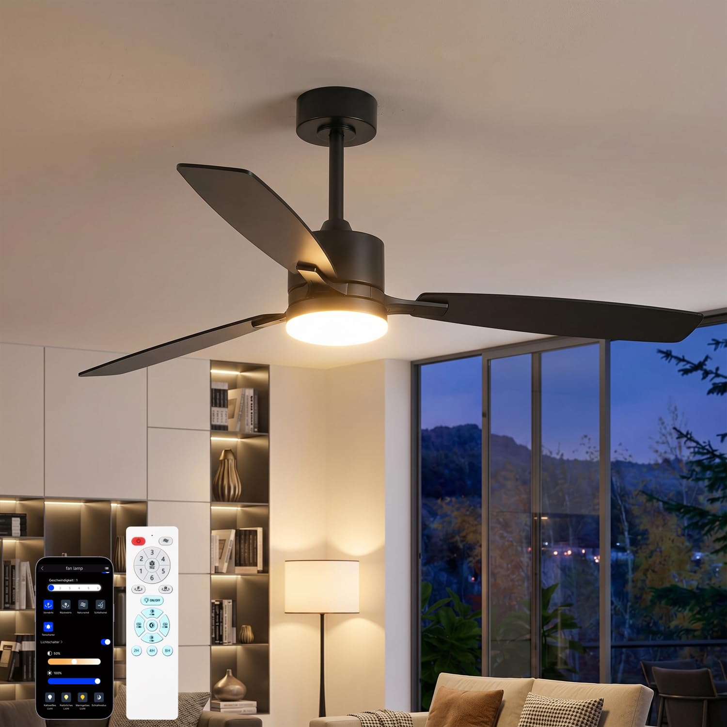 Deckenventilator mit Beleuchtung 132 cm, Leiser DC-Motor, 30W LED Dimmbar, App & Fernbedienung, Holz-Flügel Wendebar, Deckenlampe mit Ventilator für Schlafzimmer & Wohnzimmer, Schwarz
