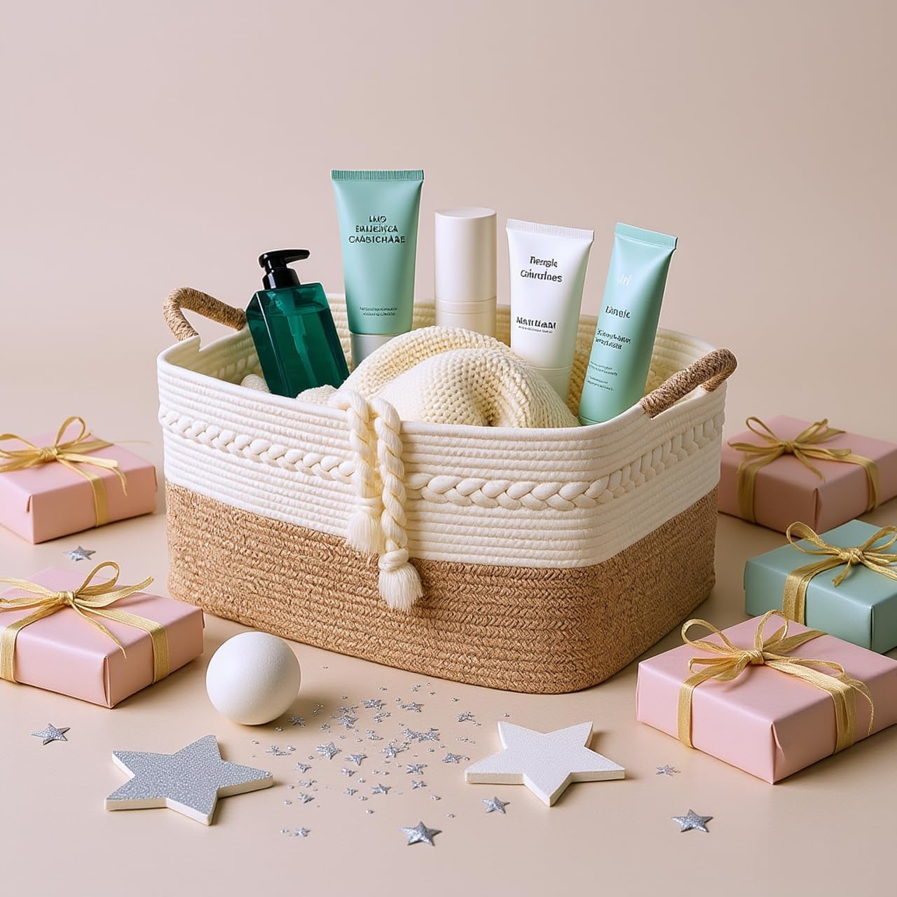 Decorative laundry basket with handles woven from natural cotton rope storage blankets for living room cute boho quilted gift baskets for clothes pillows toys 20"x14"x10",white/brown - Image 7