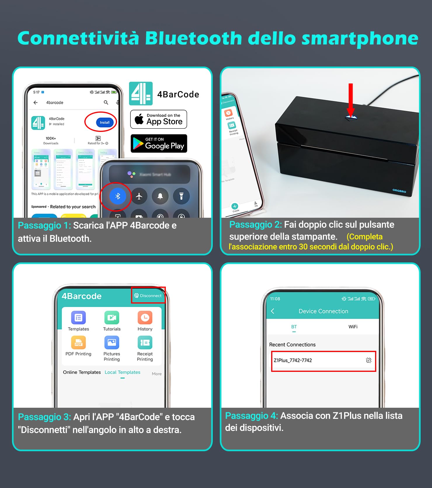 Stampante Etichette ORGBRO Z1 Plus Bluetooth 4x6 Termica per Spedizione, Compatibile Amazon eBay Shopify, Nero