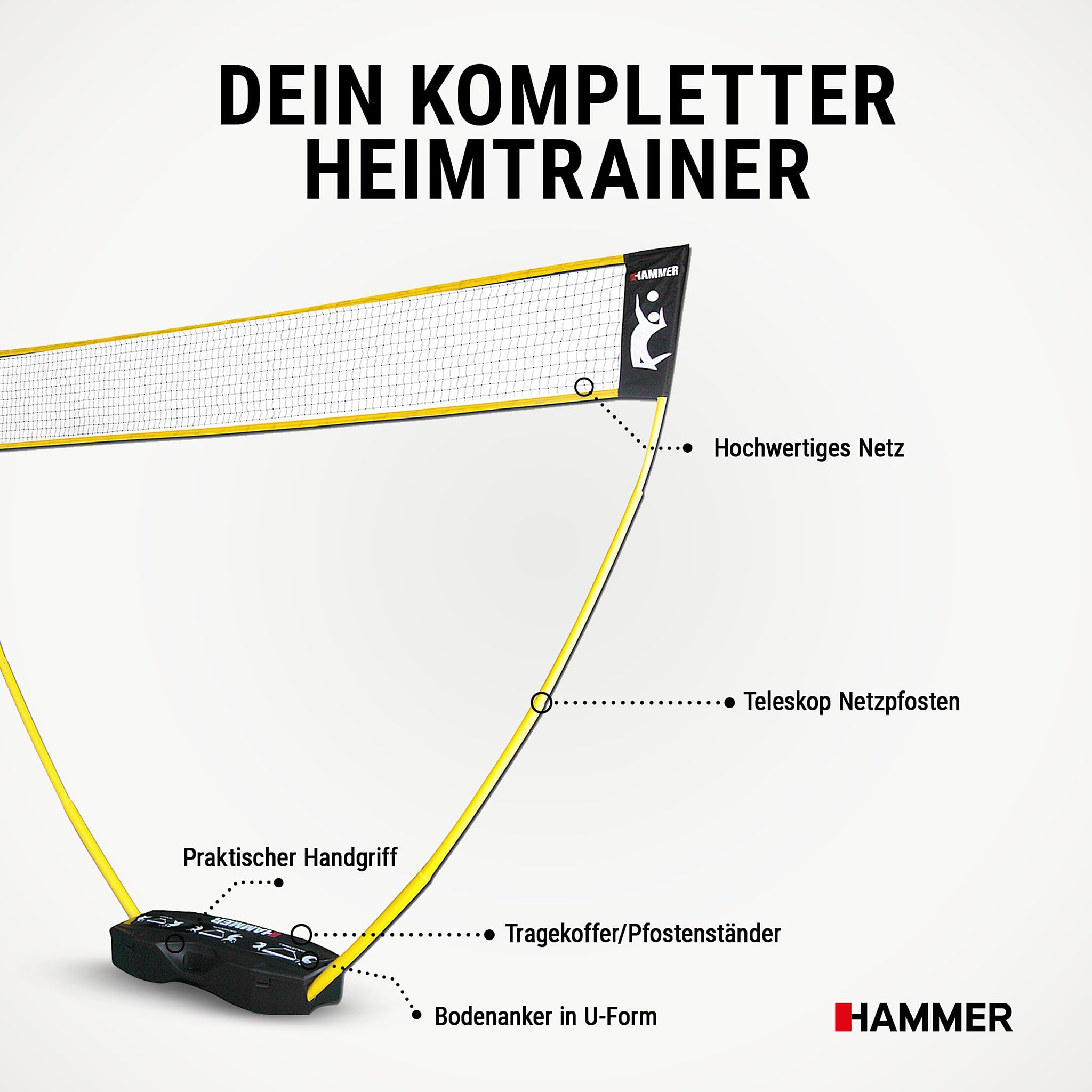 HAMMER 3 in 1 Netz Set für Volleyball, Badminton & Tennis, Spaß für jung und alt, mit Tragekoffer/Pfostenständer, leichter Aufbau, schnell verstaut und leicht transportiert
