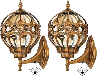 Dusk to Dawn Outdoor Wall Light Fixtures, Gold Exterior Aluminum Waterproof Porch Lights, Globe Anti-Rust Outside Sconce Lantern Wall Mount with Amber Glass for Patio Backyard Garage Doorway, 2 Pack