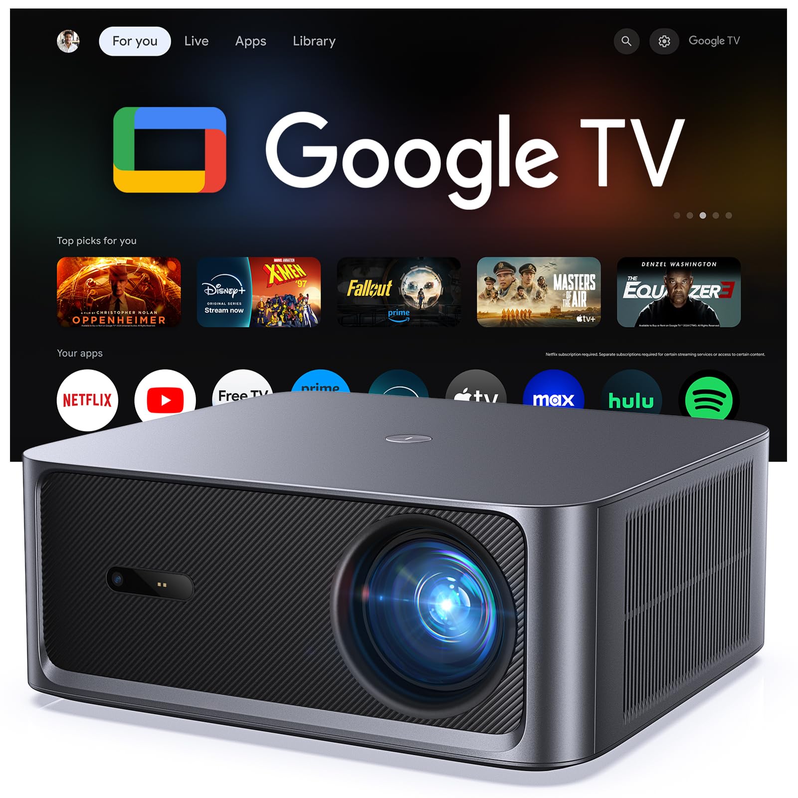 HAPPRUN Smart Beamer mit 3000 ANSI Lumen, Offiziellem Google TV, 4K-Unterstützung, Dolby Audio, Autofokus und Auto-Keystone, WiFi 6 und Bluetooth, für Zuhause und Outdoor, Schwarz