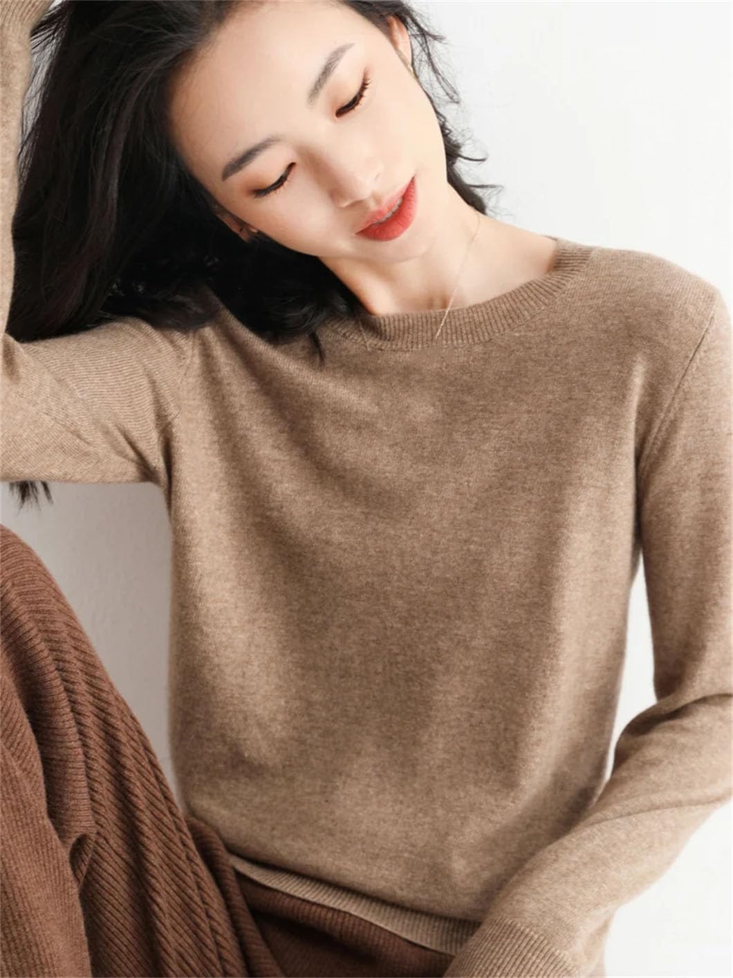 Maglione da donna in lana con scollo rotondo, a maniche lunghe, casual, largo, lavorato a maglia, morbido e comodo