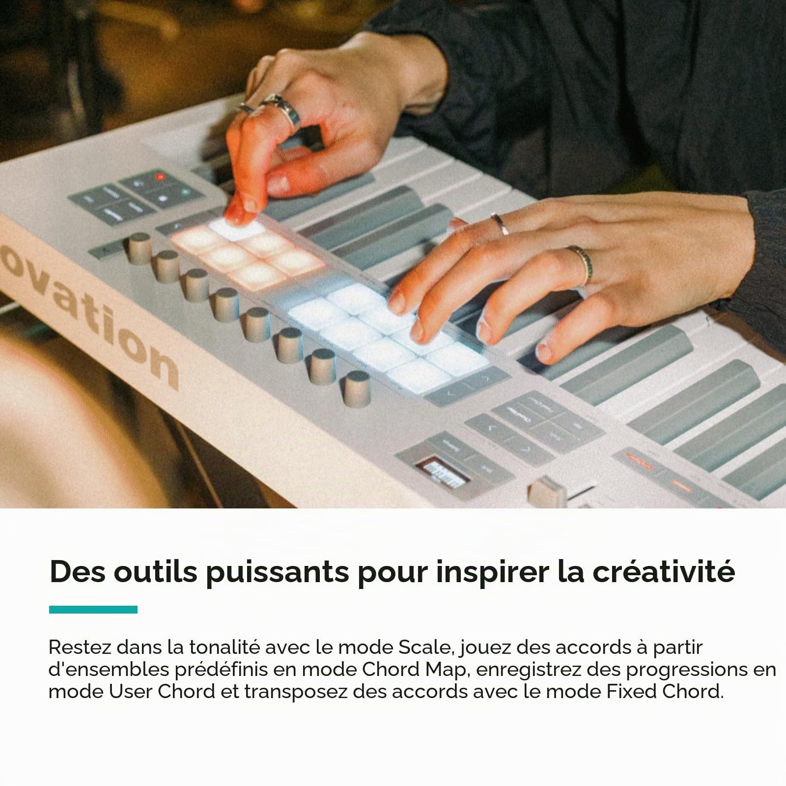 Novation Launchkey 49 White MK4 Clavier Maître USB MIDI | USB, 49 touches semi-lestées, blanc, 16 pads avec aftertouch polyphonique, 9 faders, molettes de pitch/modulation, écran OLED