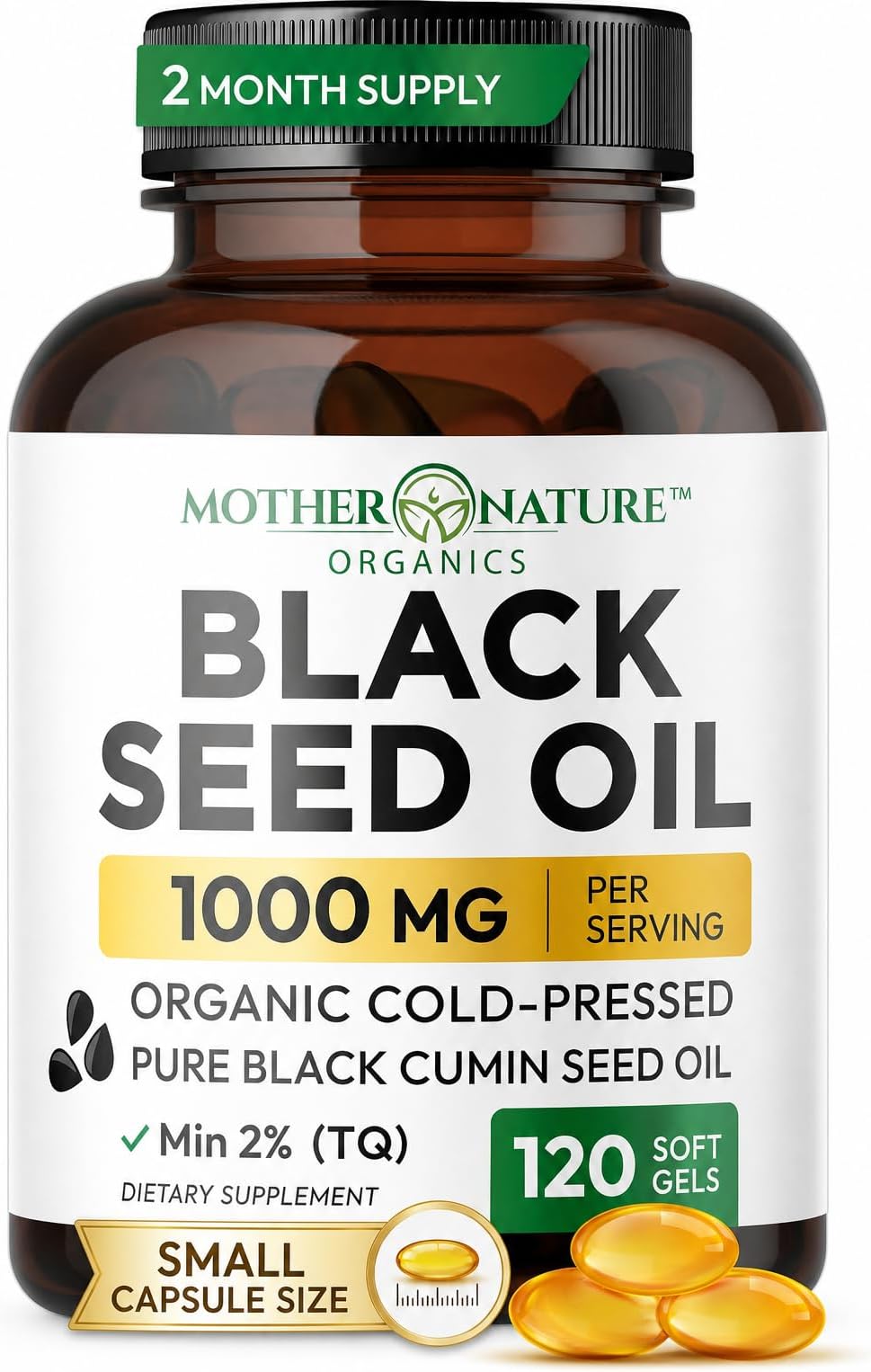 Mother Nature Black Seed Oil Capsules - Organic Cold-Pressed Cumin Nigella Sativa - Blackseed Liquid Cumin Oil for Immune Support & Digestion - High Thymoquinone TQ with Omega 3,6, & 9 - (120 Caps)