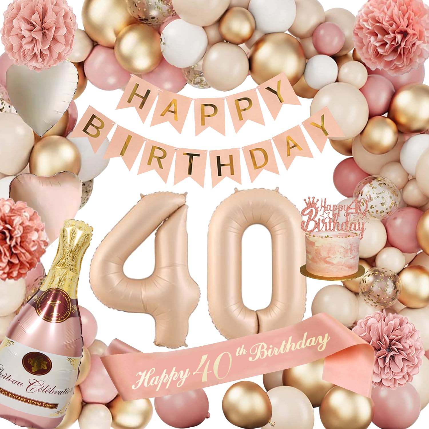 Verjaardagsdecoratie Voor Dames, Ballon 40, Decoratie 40 Jaar, Happy  Birthday-decoratie, Roze Ballonnen Retro 40e Met Banner Happy Birthday Voor  Feestdecoratie Voor Vrouwen, image size:1500x1500