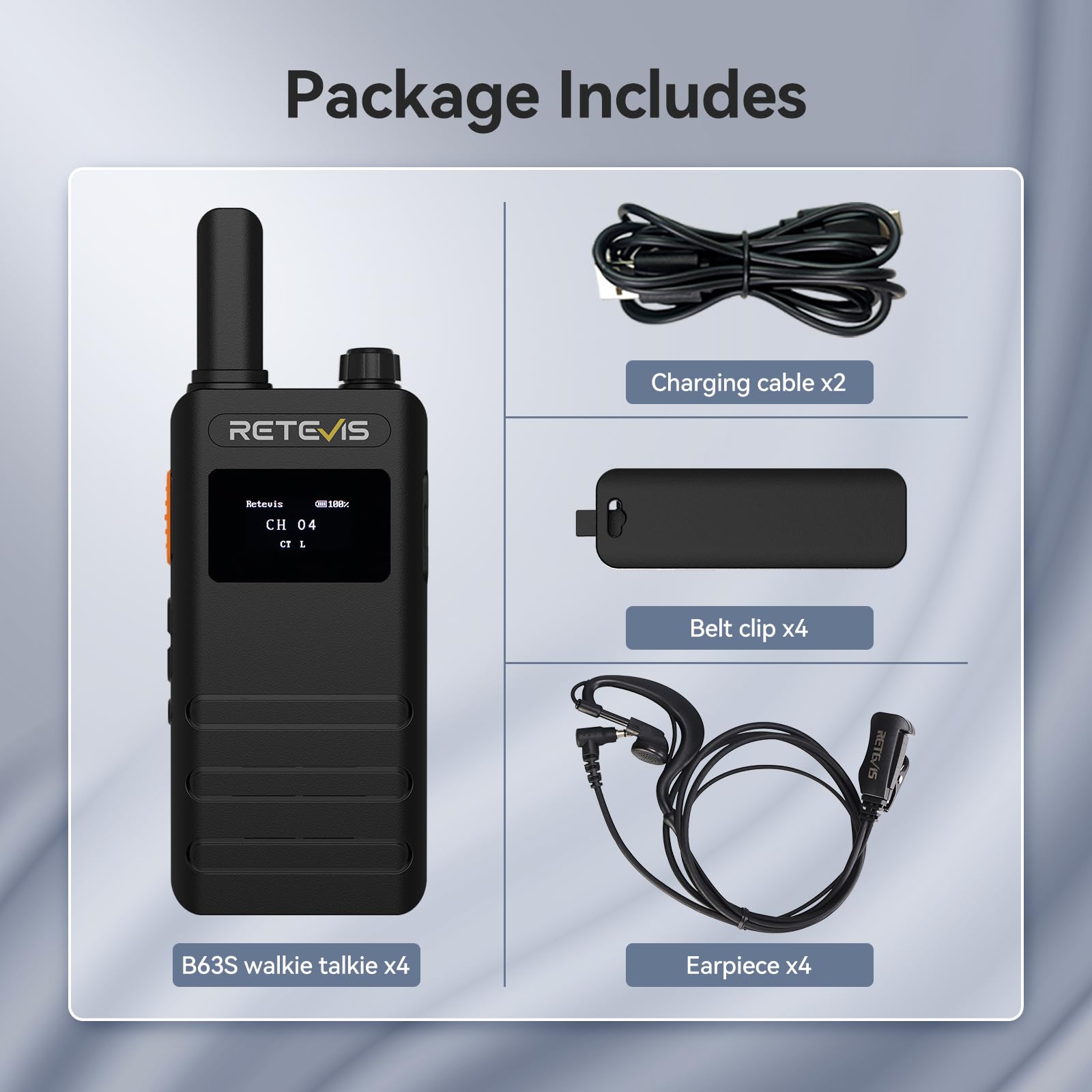 Retevis B63S Walkie Talkie Dla Dorosłych, Dwukierunkowe Radio PMR446 Slim ze Słuchawką, Ekranem LCD, VOX, USB C, 1620 mAh Możliwością Ładowania do Handlu Detalicznego, Restauracji (4 Szt, Czarne)