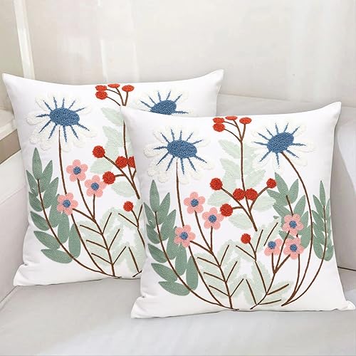 Miniatura 2 de Pilmandu Paquete de 2 fundas de almohada decorativas bordadas de 18 x 18 pulgadas, fundas de almohada florales de granja para sala de estar, sofá