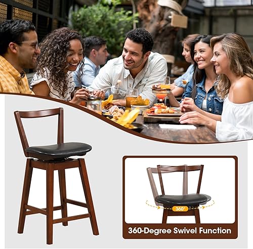 Miniatura 7 de COSTWAY Taburete de bar, taburete tapizado giratorio de piel sintética de 26 pulgadas con respaldo hueco y asiento acolchado, patas de madera de