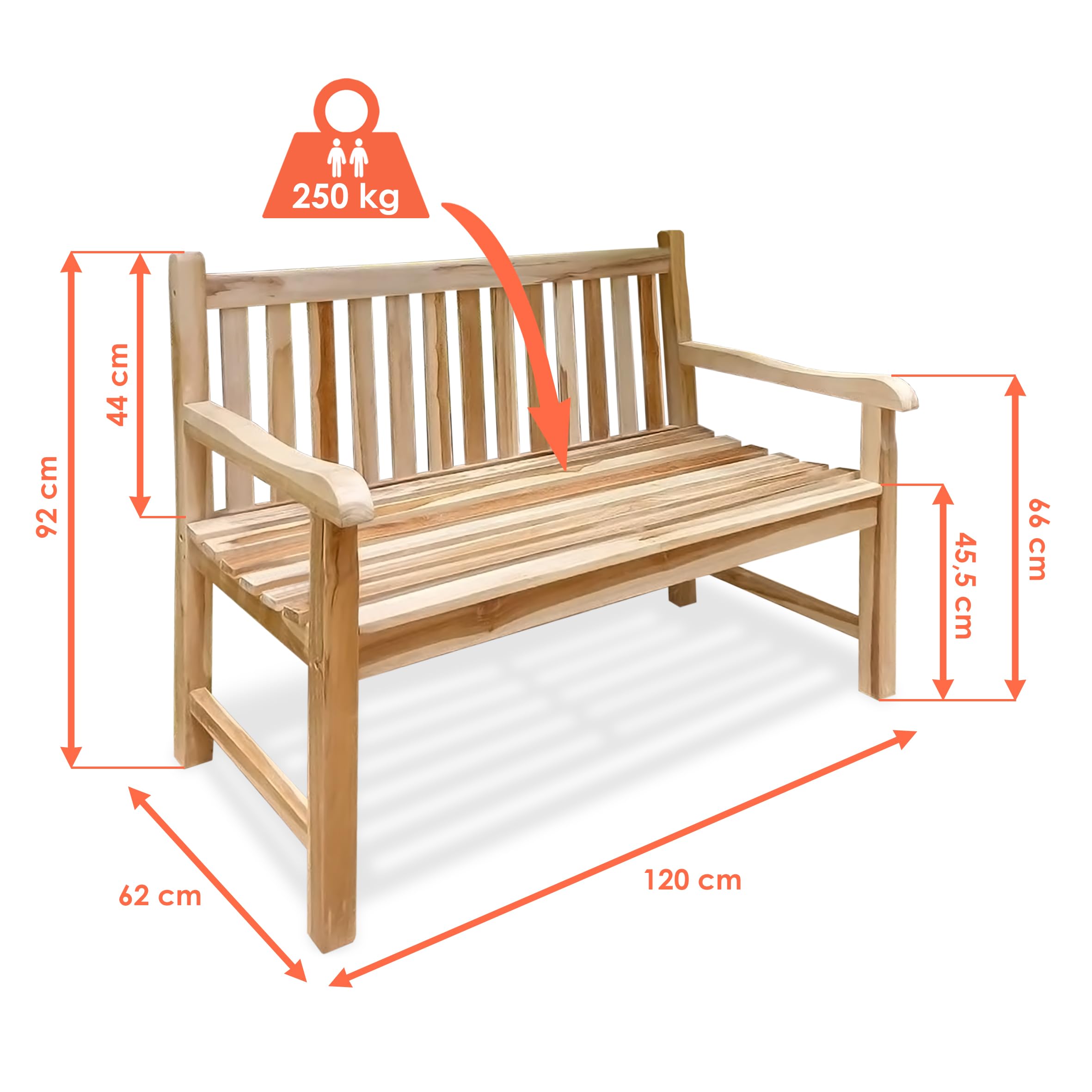 Panchina Da Giardino In Teak 120cm - Per 2 Persone Con Portata 250kg, Design Classico E Resistente - Foto 9