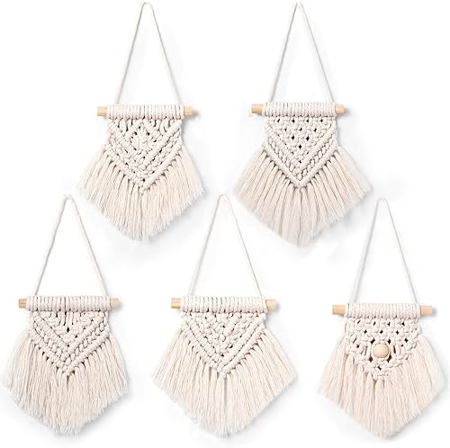 WILLBOND 5 piezas de mini macramé para colgar en la pared, decoración bohemia de Navidad, tejido hecho a mano, con borlas, adornos para colgar en la