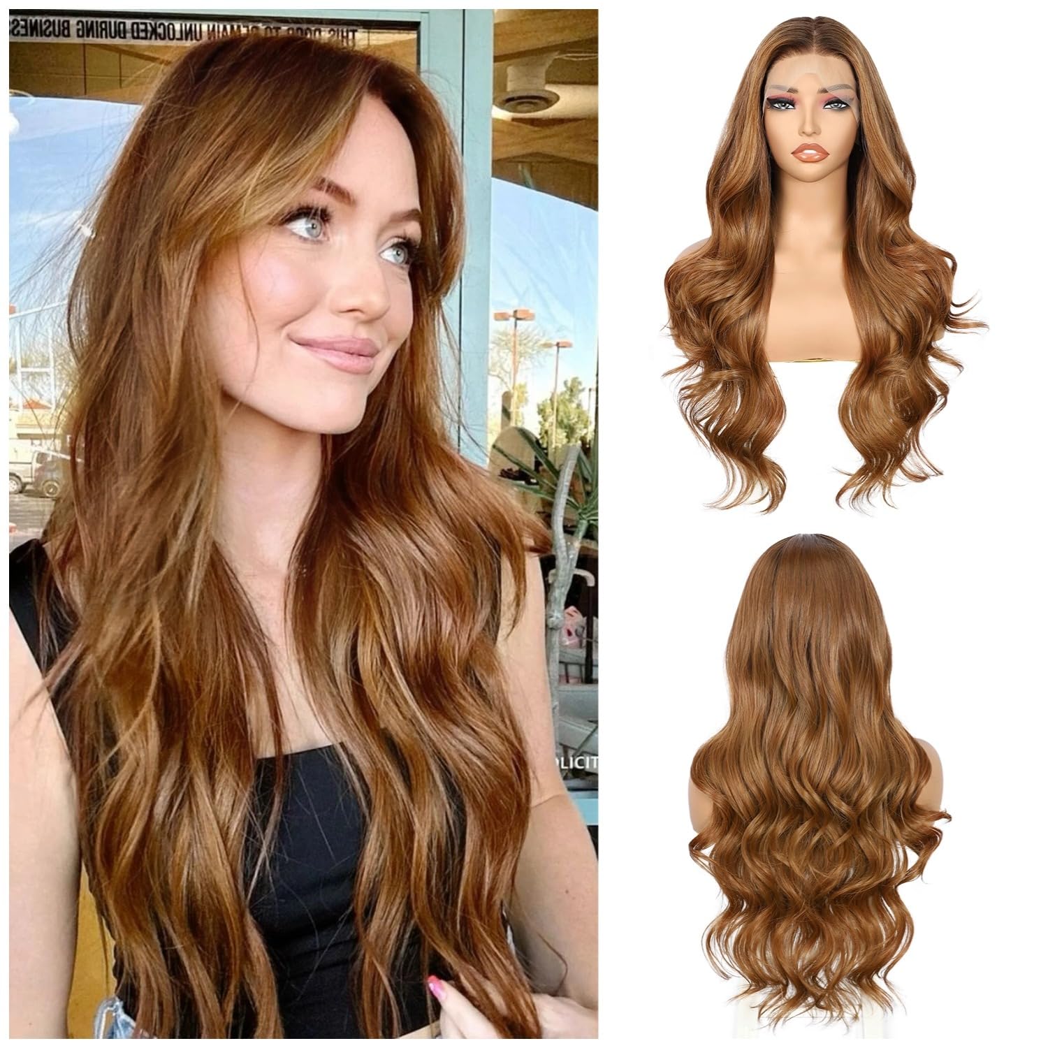 Sapphirewigs Lace Front Wig 13x4 Ginger Synthetic Lace Front Wigs for Women Auburn Body Wave Party Date Daily Wear Christmas Natural Looking 26 inch