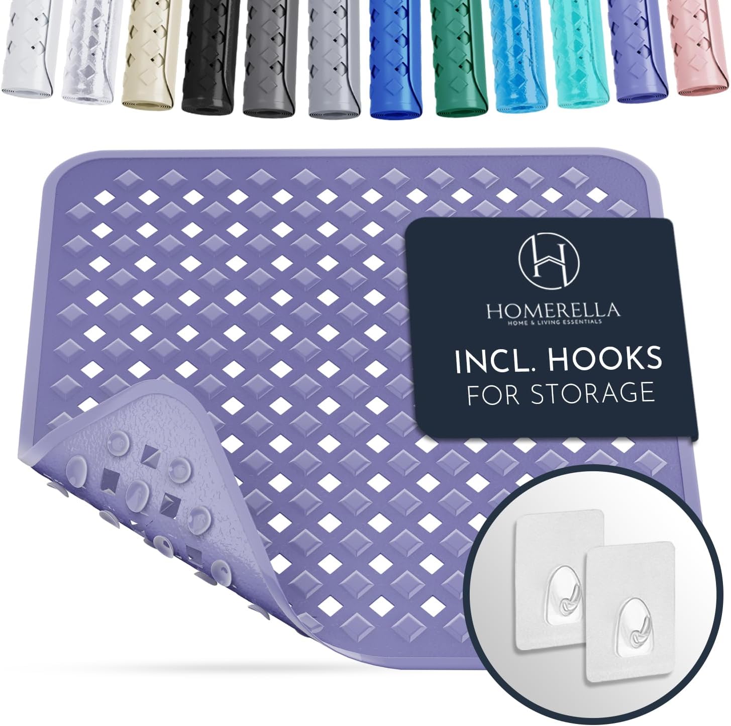 Homerella 1pc 34.5 x 15.5 inches Anti-Slip Bathtub Mat and 1pc 21 x 21 inches Non Slip Shower Mat, Machine Washable, INCL. Hooks for Hanging (Purple)