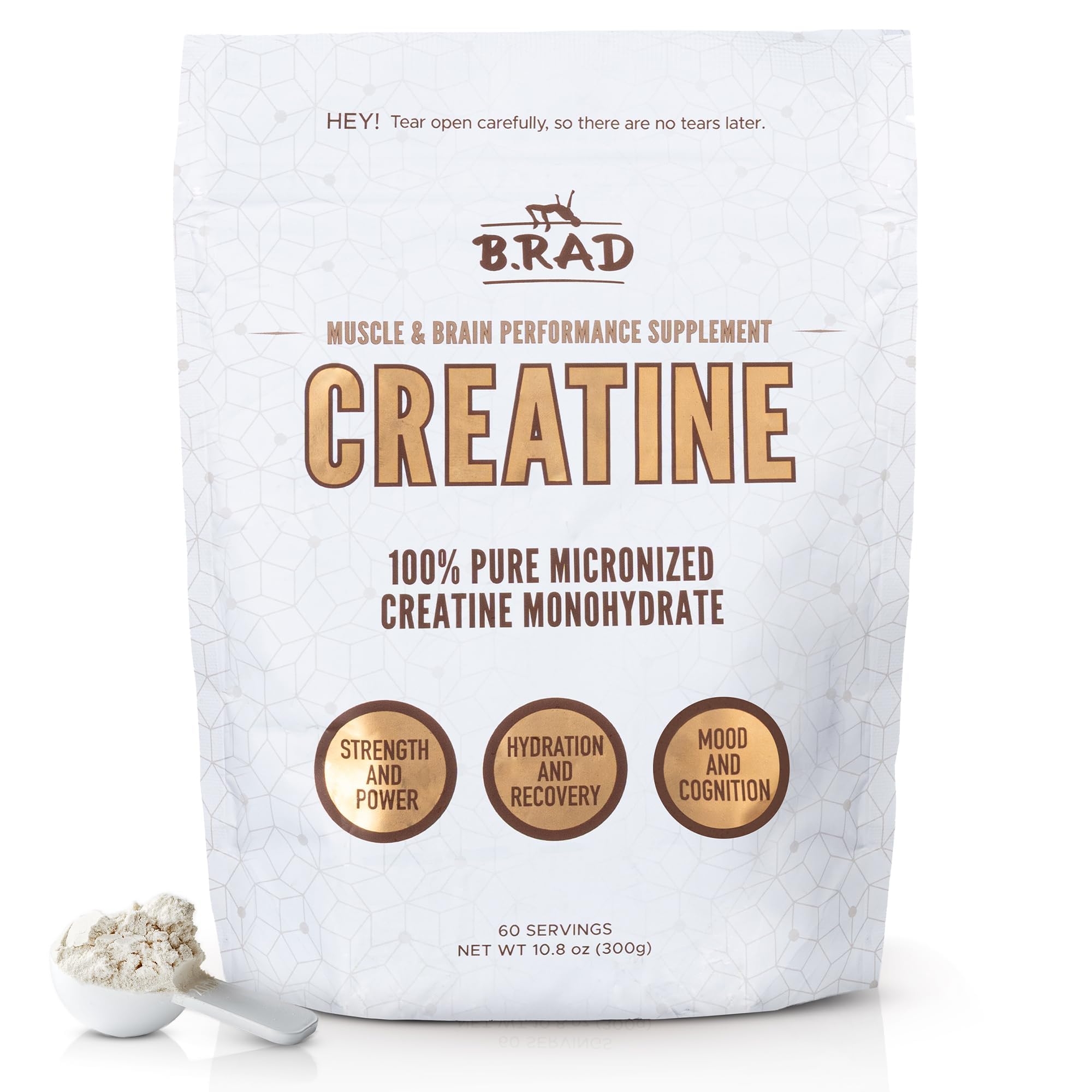 B.rad 100% Pure Micronized Creatine Monohydrate Powder | Natural, No Additives | Boosts Muscle Strength, Recovery & Performance | Supports Brain Health | 300g, 60 Servings