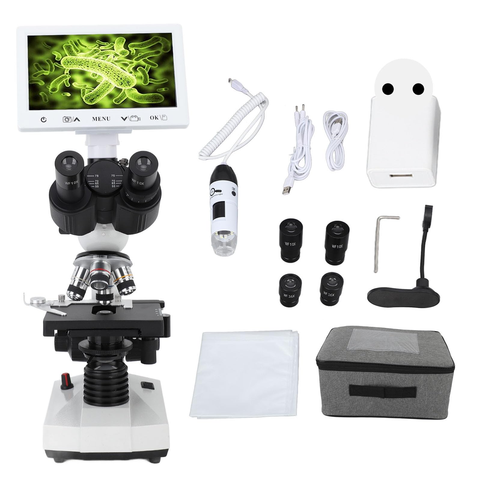 Microscopio Trinocular Pantalla de 7 Pulgadas Microscopio Biológico con Aumento de 40X a 1600X con Plataforma Mecánica para Tomar Fotografías Grabar Tarjeta de Memoria (Enchufe