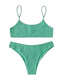 VOLAFA Women's Triangle Bikini Set Smocked Textured Scoop Frilled Solid Ruched Elastic Swimsuit Two Piece Bathing Suit