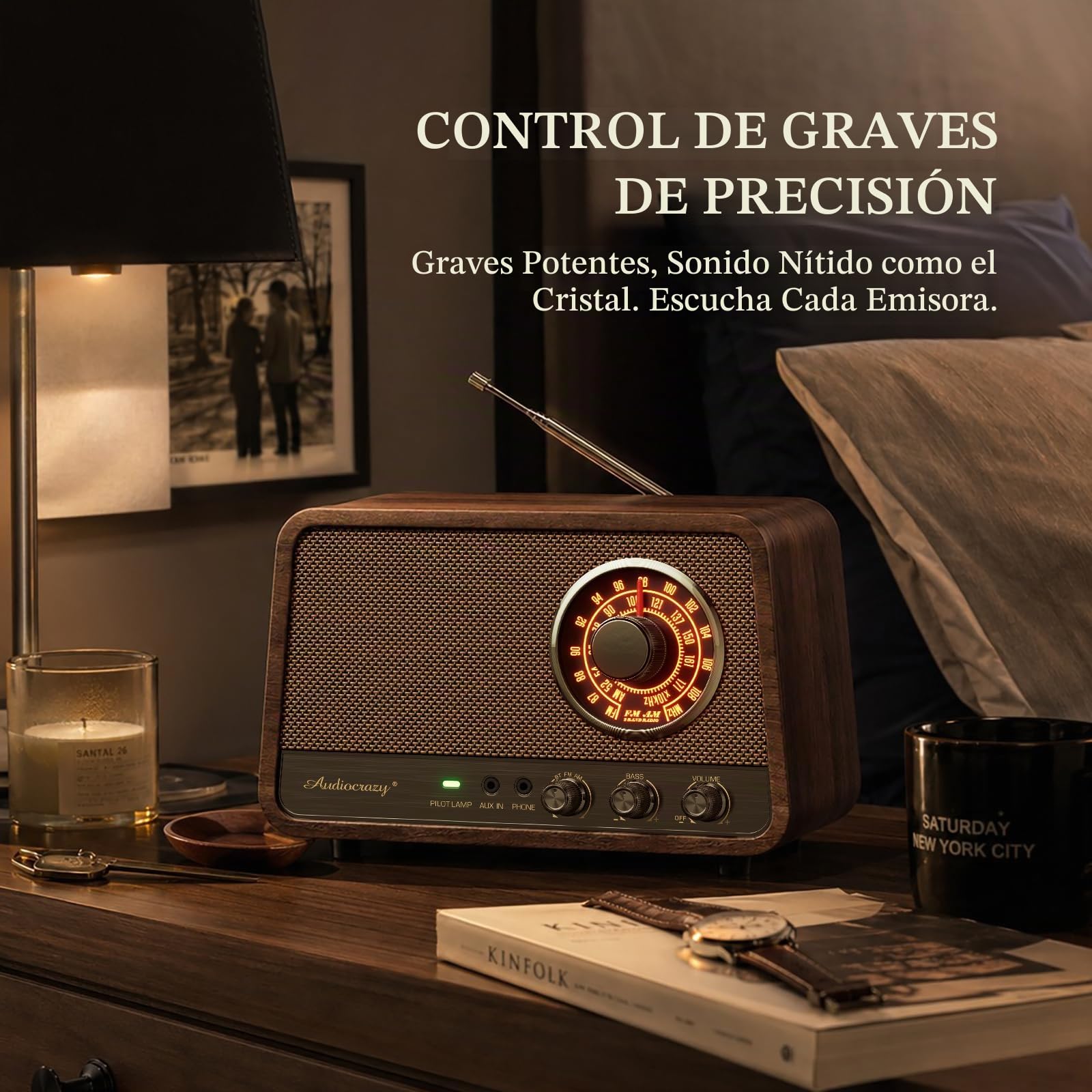 Radio Bluetooth FM de madera clásico con 10 vatios de sonido potente, radio retro con altavoz Bluetooth con esfera brillante ámbar, control de graves, entrada auxiliar, conector para