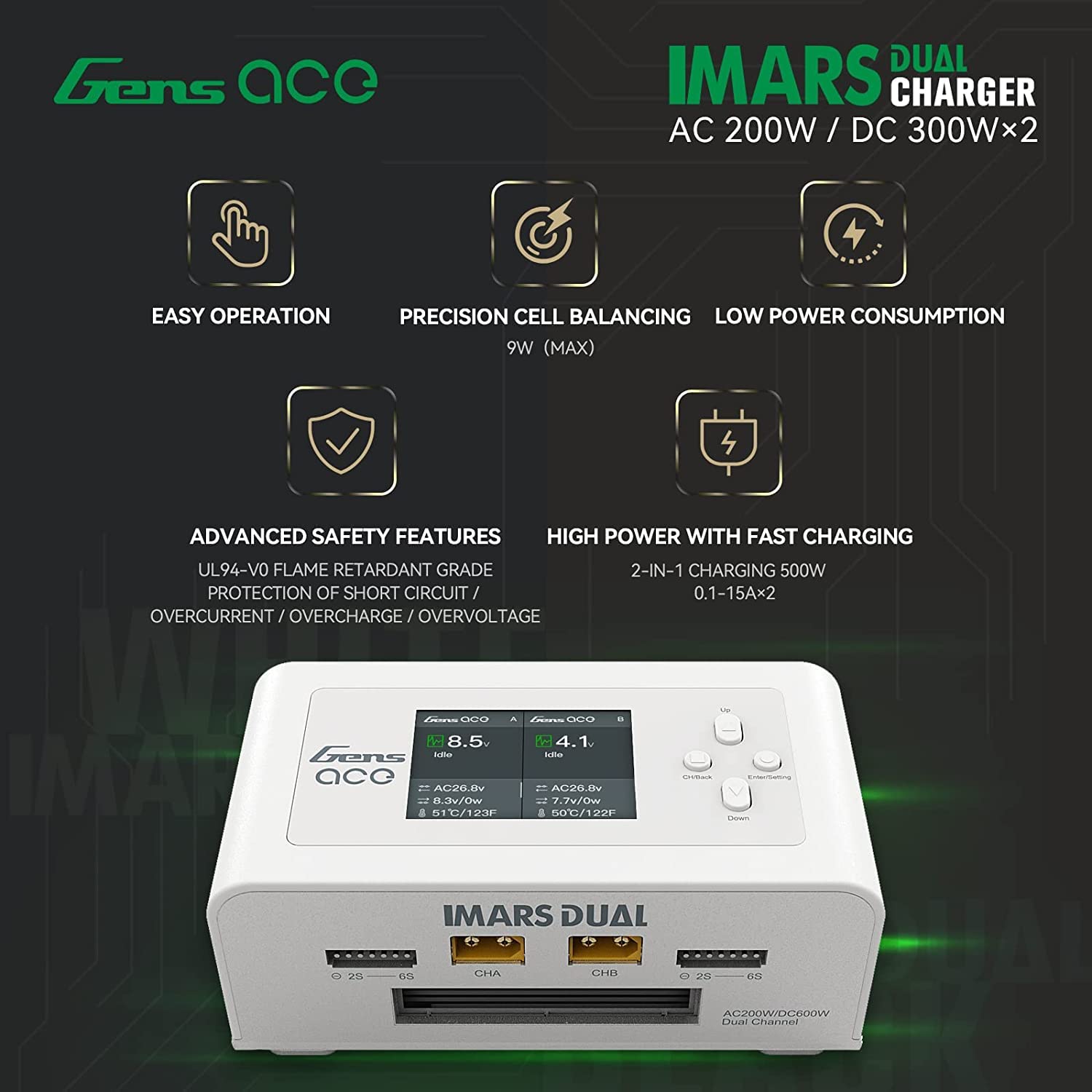 Gensace D200 Lipo ładowarka Imars Dual Channel AC200W/DC300Wx2 ładowarka Lipo, ze złączem Deans T XT60 EC3 EC5 (Biały)