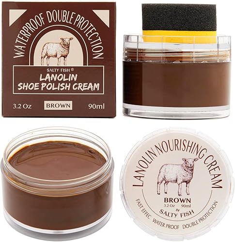 Miniatura 9 de SALTY FISH Esmalte de zapatos en crema de 3.2 onzas, kit de esmalte de zapatos lanolina con esponja de brillo de zapatos, condición impermeable,