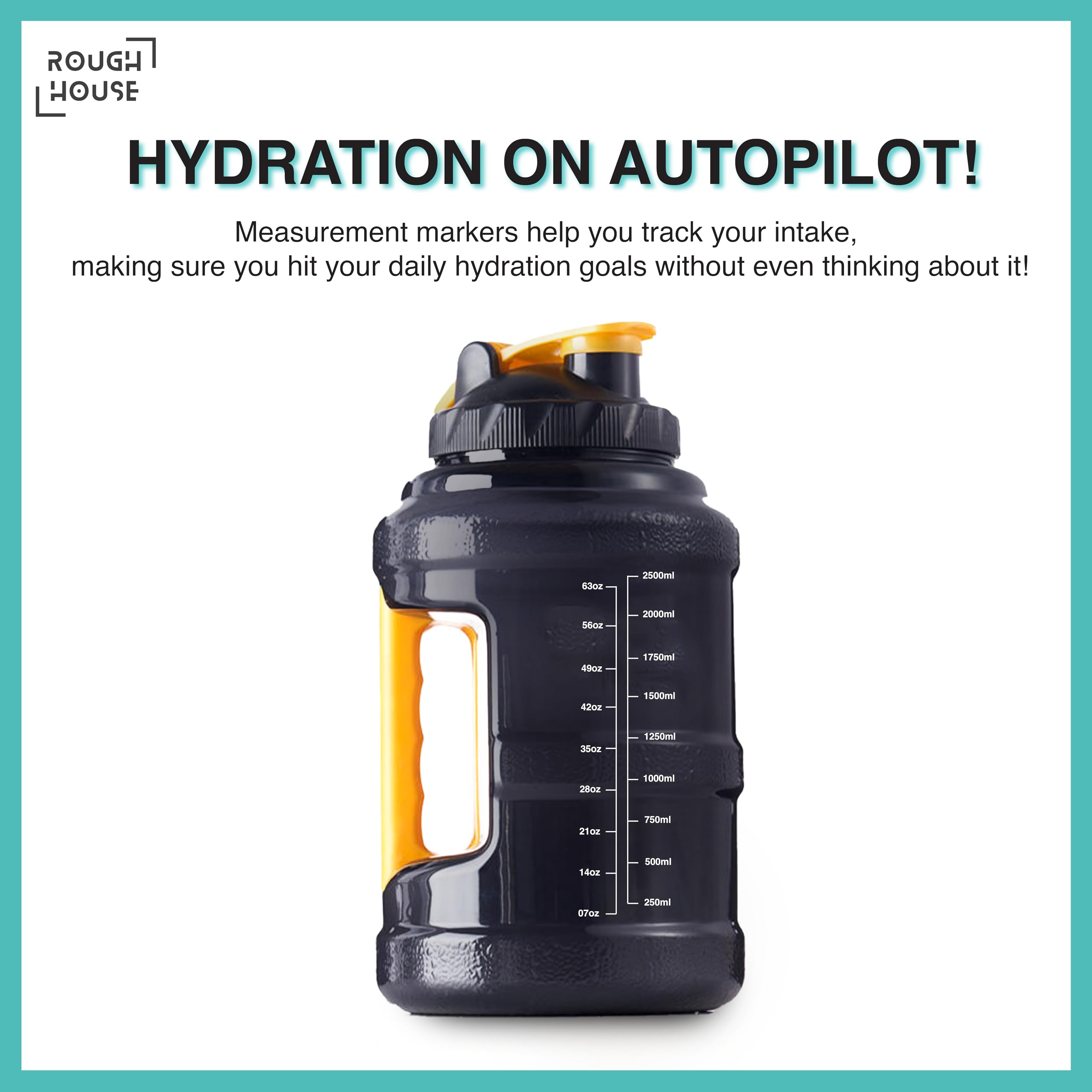 Roughhouse Plastic 2.5L Gallon Water Bottle Leak-Proof, BPA-Free Gym Jug with Carry Handle & Flip-Top | Stay Hydrated During Workouts, Sports & Travel | Built for Hard-Hitting Athletes, Black 1