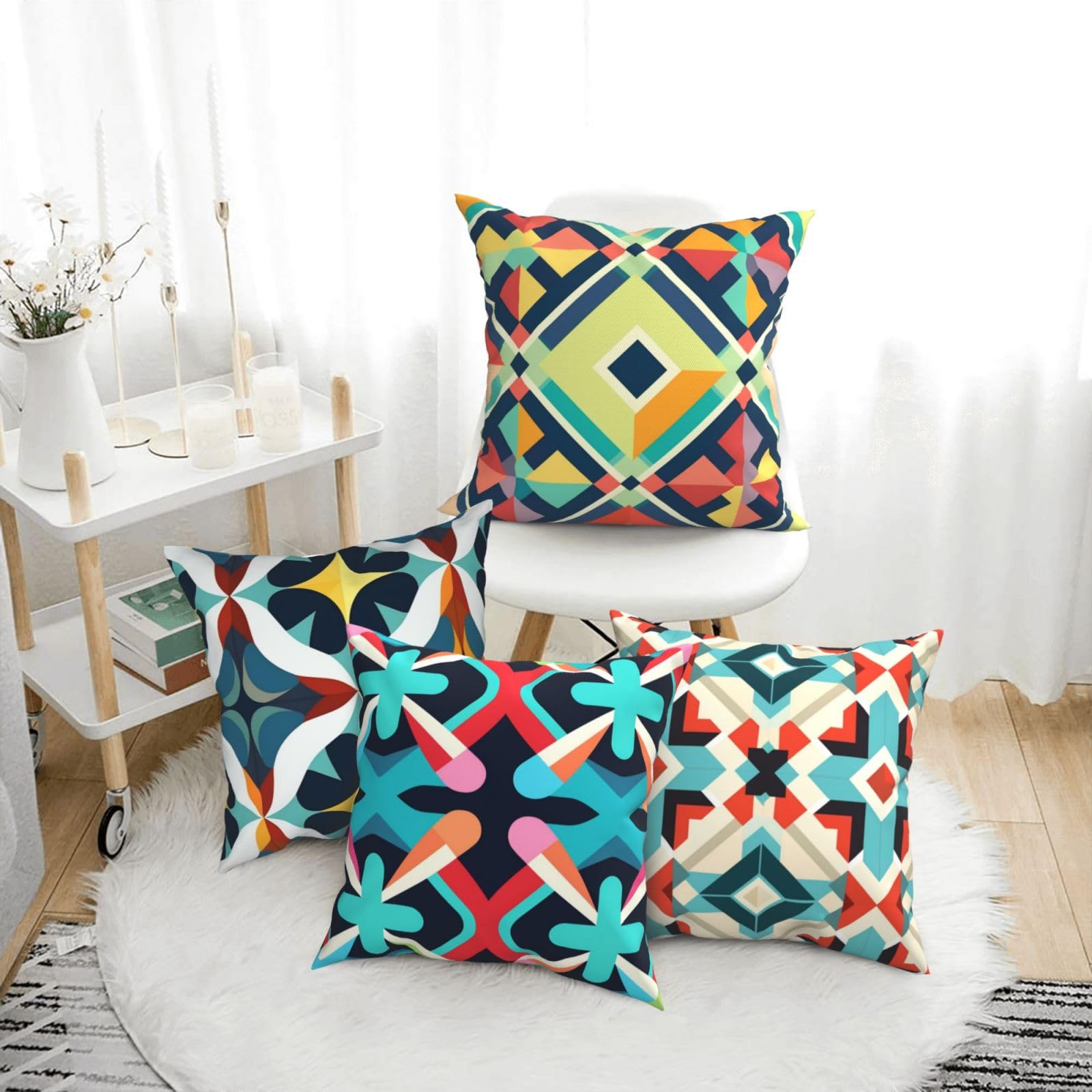 Housse de Coussin 45x45cm Lot de 4 Coussins décoratifs Mandala Peluche Courte Carré Taie D'Oreiller Fleur Housse Coussin with Invisible Zipper,pour Canapé Jardin Oreiller d'Extérieur Décor18x18in