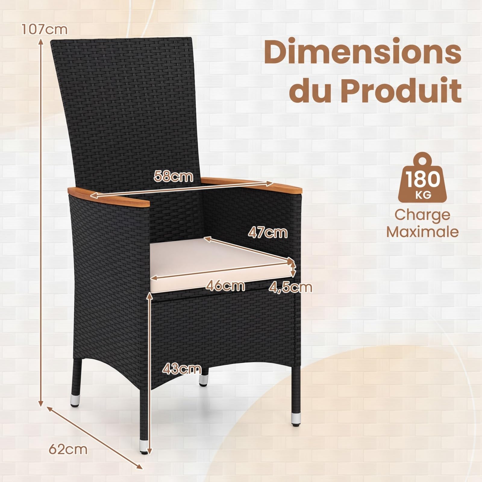 COSTWAY Lot de 2/4 Chaises de Jardin en Rotin, Fauteuil de Jardin, avec Coussin, Accoudoir, Coussinet de Pied Réglable, Salon de Jardin Extérieur 2/4 Personnes, pour Patio, Balcon, Cours (4)