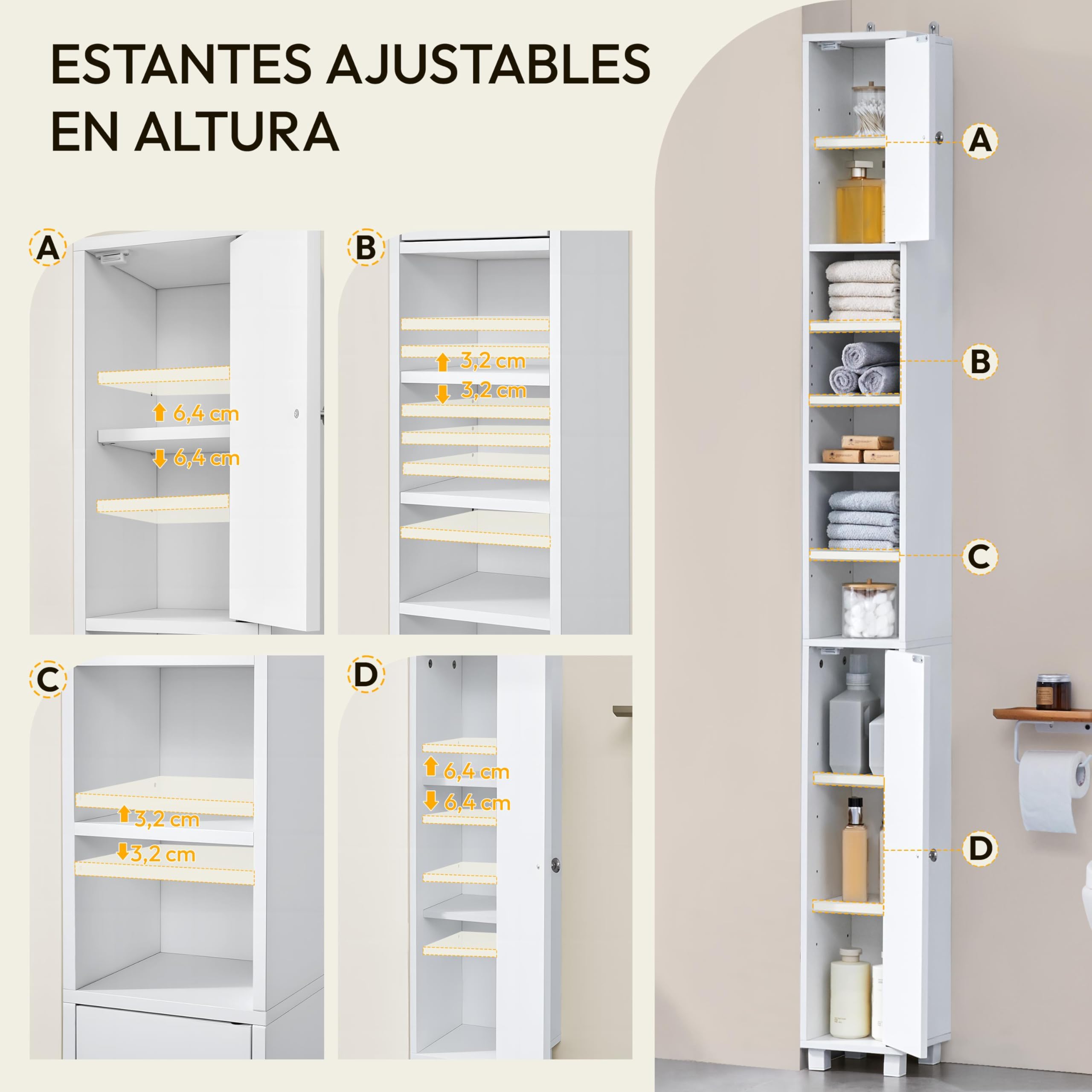 Yaheetech Mueble Columna de Baño Estrecho, Estanterías con 2 Puertas, Estantes Ajustables Espacio Abierto, Mueble Auxiliar de Almacenaje para Salón Dormitorio, 20x20x180cm, Blanco